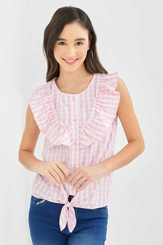 Redtag-Girls-Pink/White-Ruffled-Gingham-Checks-Front-Tie-Blouse-Category:Blouses,-Colour:Apricot,-Deals:New-In,-Dept:Girls,-Filter:Senior-Girls-(8-to-14-Yrs),-GSR-Blouses,-New-In-GSR-APL,-Non-Sale,-S23A,-Section:Girls-(0-to-14Yrs)-Senior-Girls-9 to 14 Years