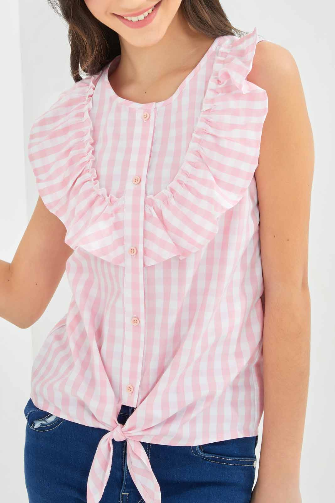 Redtag-Girls-Pink/White-Ruffled-Gingham-Checks-Front-Tie-Blouse-Category:Blouses,-Colour:Apricot,-Deals:New-In,-Dept:Girls,-Filter:Senior-Girls-(8-to-14-Yrs),-GSR-Blouses,-New-In-GSR-APL,-Non-Sale,-S23A,-Section:Girls-(0-to-14Yrs)-Senior-Girls-9 to 14 Years