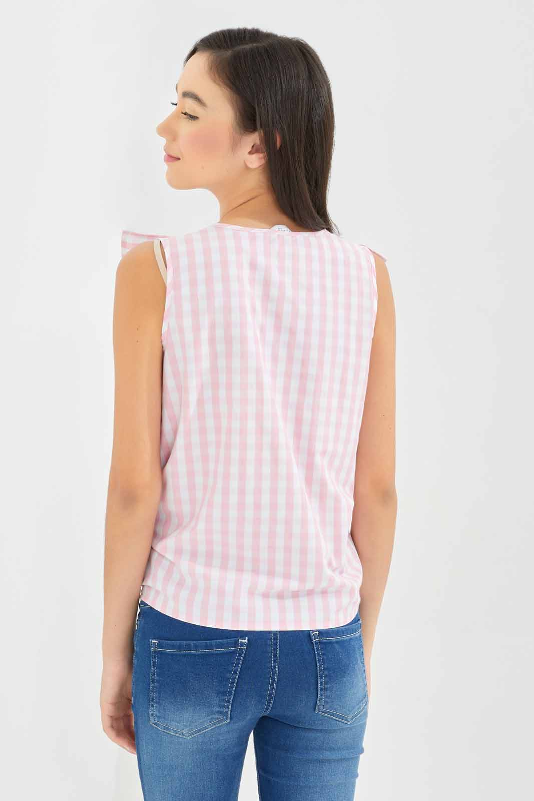Redtag-Girls-Pink/White-Ruffled-Gingham-Checks-Front-Tie-Blouse-Category:Blouses,-Colour:Apricot,-Deals:New-In,-Dept:Girls,-Filter:Senior-Girls-(8-to-14-Yrs),-GSR-Blouses,-New-In-GSR-APL,-Non-Sale,-S23A,-Section:Girls-(0-to-14Yrs)-Senior-Girls-9 to 14 Years