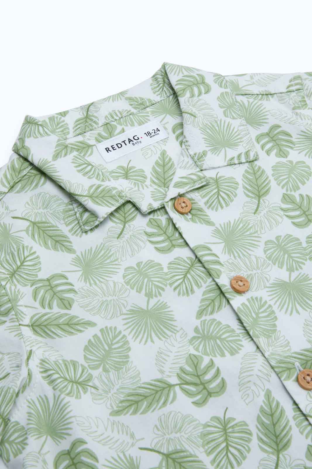 Redtag-Boys-Olive-Aop-Leafs-Tree-Ss-Shirt-Category:Shirts,-Colour:Olive,-Deals:New-In,-Dept:Boys,-Filter:Infant-Boys-(3-to-24-Mths),-INB-Shirts,-New-In-INB-APL,-Non-Sale,-S23B,-Section:Boys-(0-to-14Yrs)-Infant-Boys-3 to 24 Months