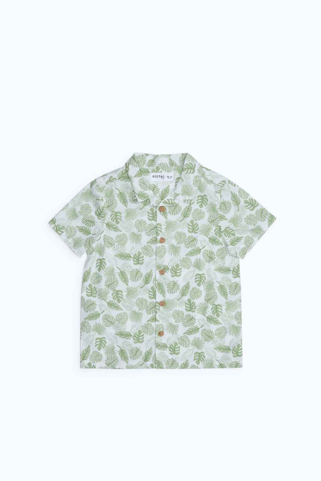 Redtag-Boys-Olive-Aop-Leafs-Tree-Ss-Shirt-Category:Shirts,-Colour:Olive,-Deals:New-In,-Dept:Boys,-Filter:Infant-Boys-(3-to-24-Mths),-INB-Shirts,-New-In-INB-APL,-Non-Sale,-S23B,-Section:Boys-(0-to-14Yrs)-Infant-Boys-3 to 24 Months