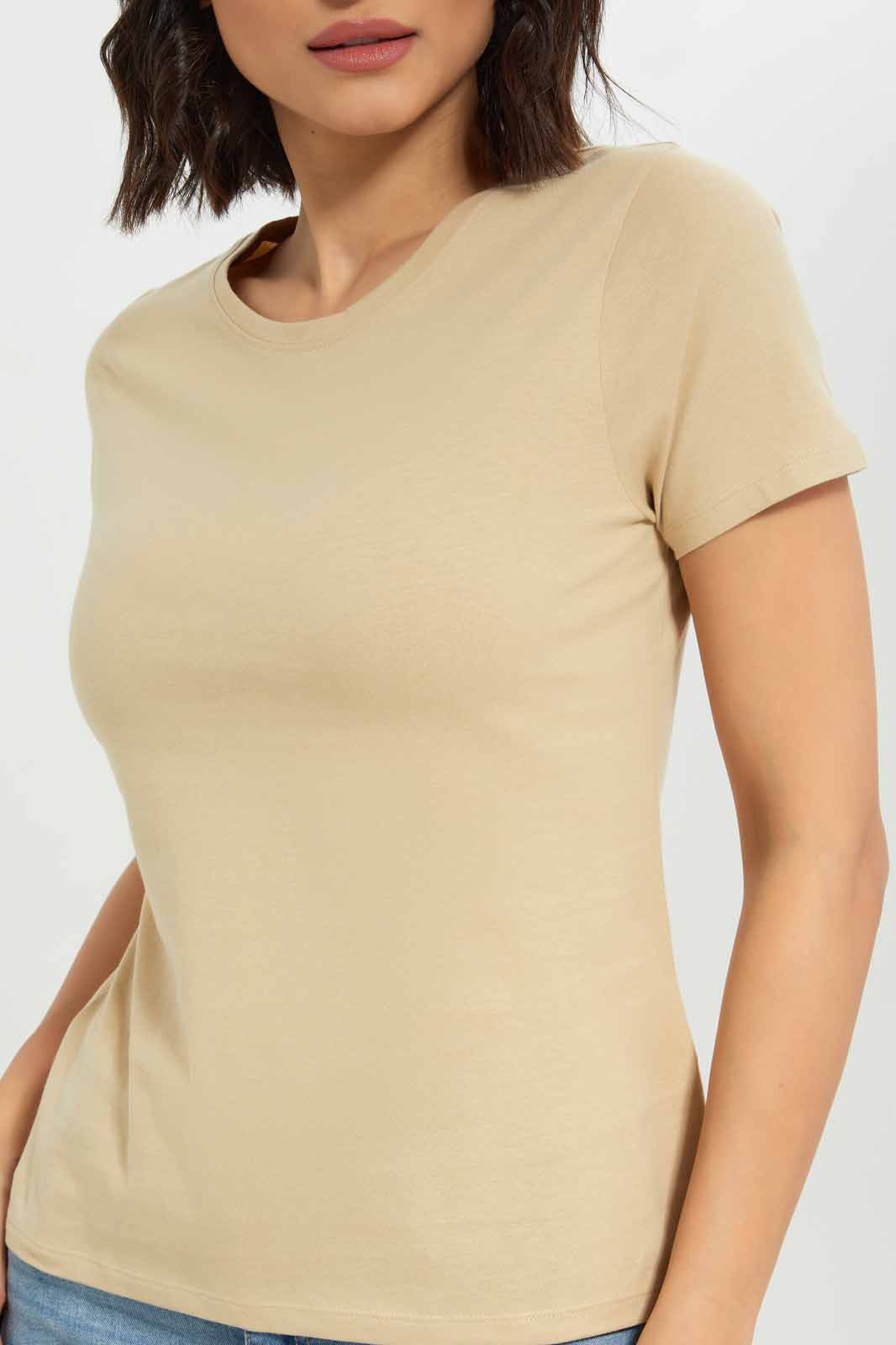 Redtag-Women-Short-Sleeve-Crew-Neck-T-Shirt-Category:T-Shirts,-Colour:Cream,-Deals:New-In,-Dept:Ladieswear,-Filter:Women's-Clothing,-New-In-Women-APL,-Non-Sale,-S23A,-Section:Women,-TBL,-Women-T-Shirts-Women's-