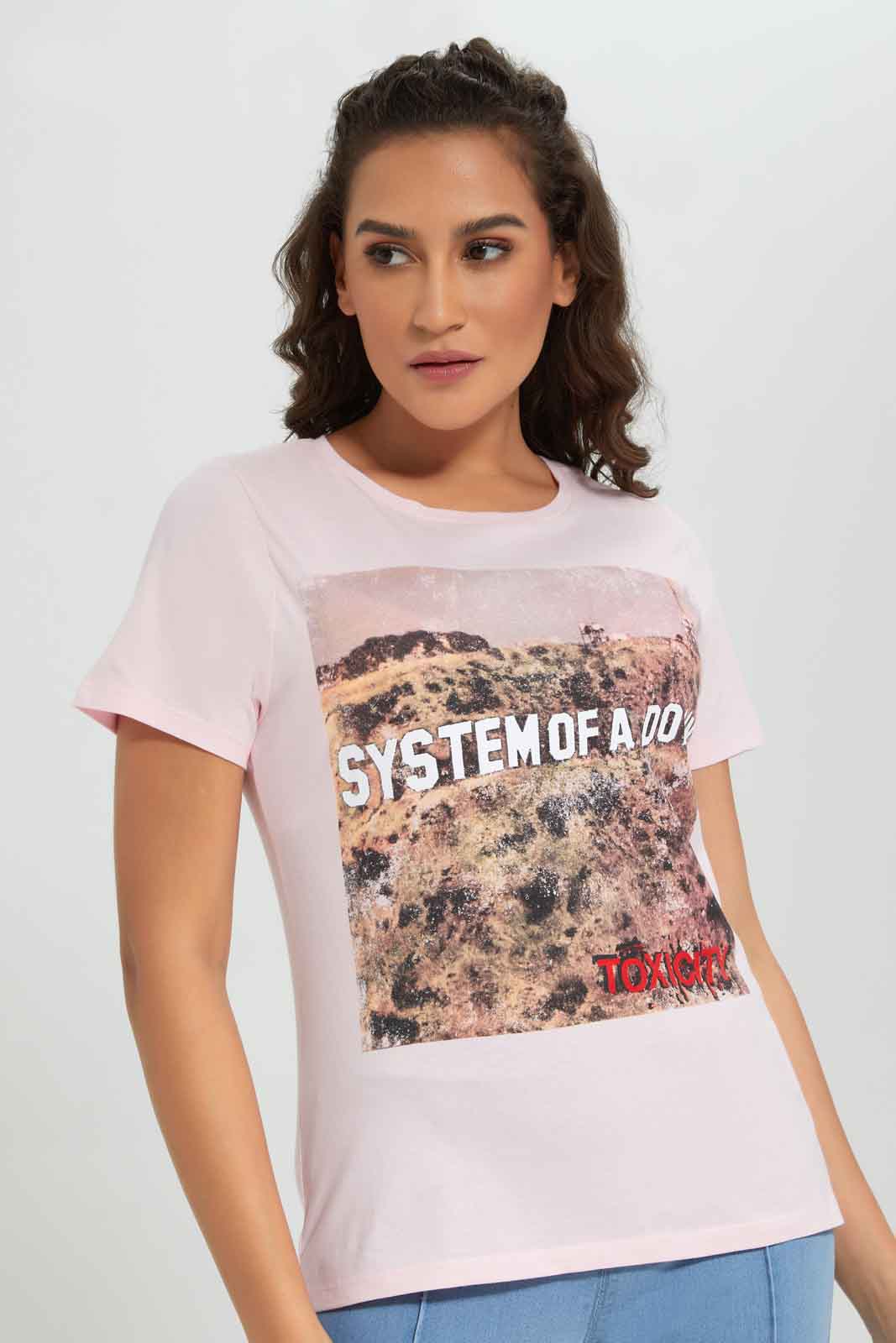 Redtag-Women-Pale-Pink-System-Of-A-Down-Printed-T-Shirt-Category:T-Shirts,-Colour:Apricot,-Deals:New-In,-Dept:Ladieswear,-FF,-Filter:Women's-Clothing,-New-In-Women-APL,-Non-Sale,-Section:Women,-W22B,-Women-T-Shirts-Women's-