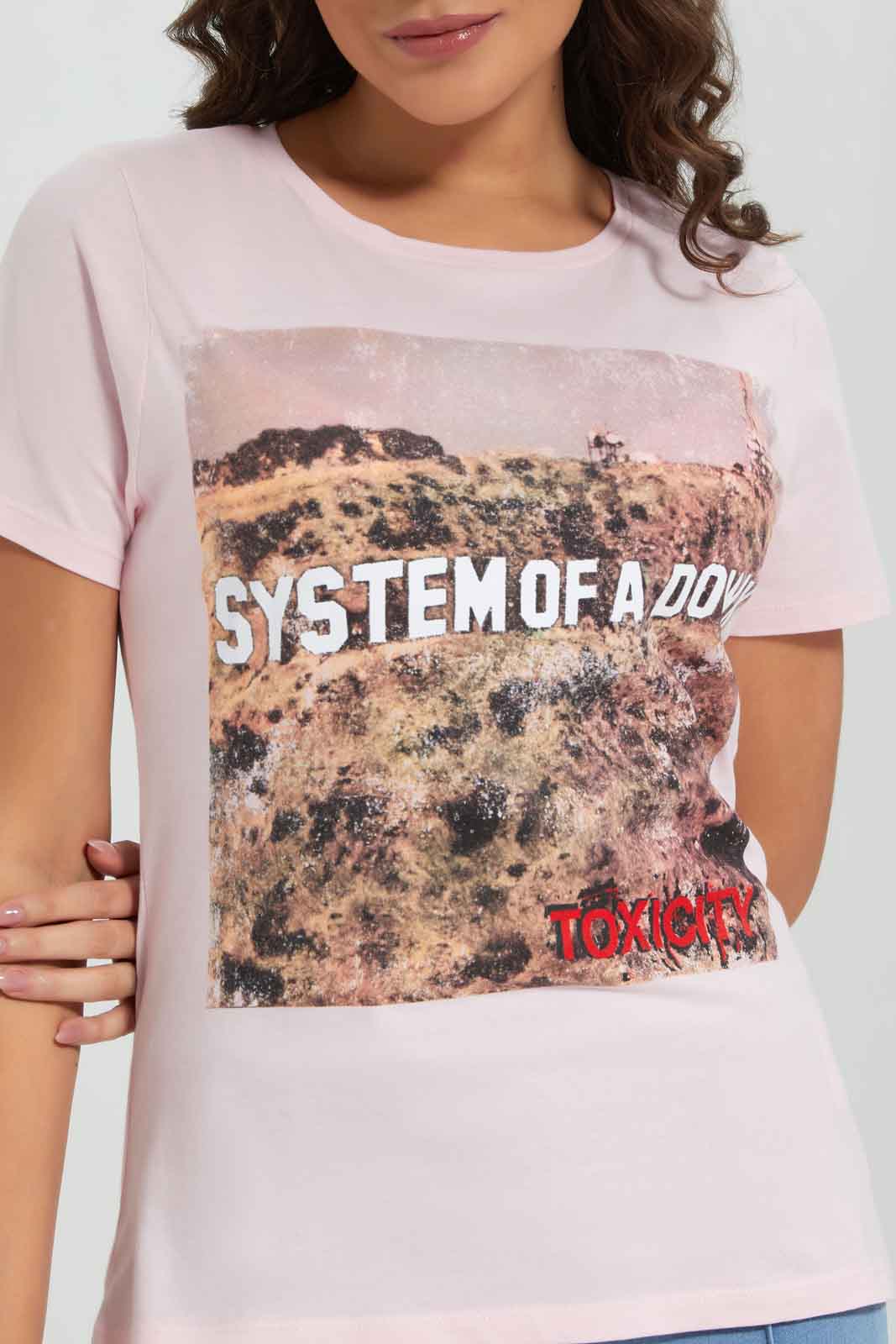 Redtag-Women-Pale-Pink-System-Of-A-Down-Printed-T-Shirt-Category:T-Shirts,-Colour:Apricot,-Deals:New-In,-Dept:Ladieswear,-FF,-Filter:Women's-Clothing,-New-In-Women-APL,-Non-Sale,-Section:Women,-W22B,-Women-T-Shirts-Women's-