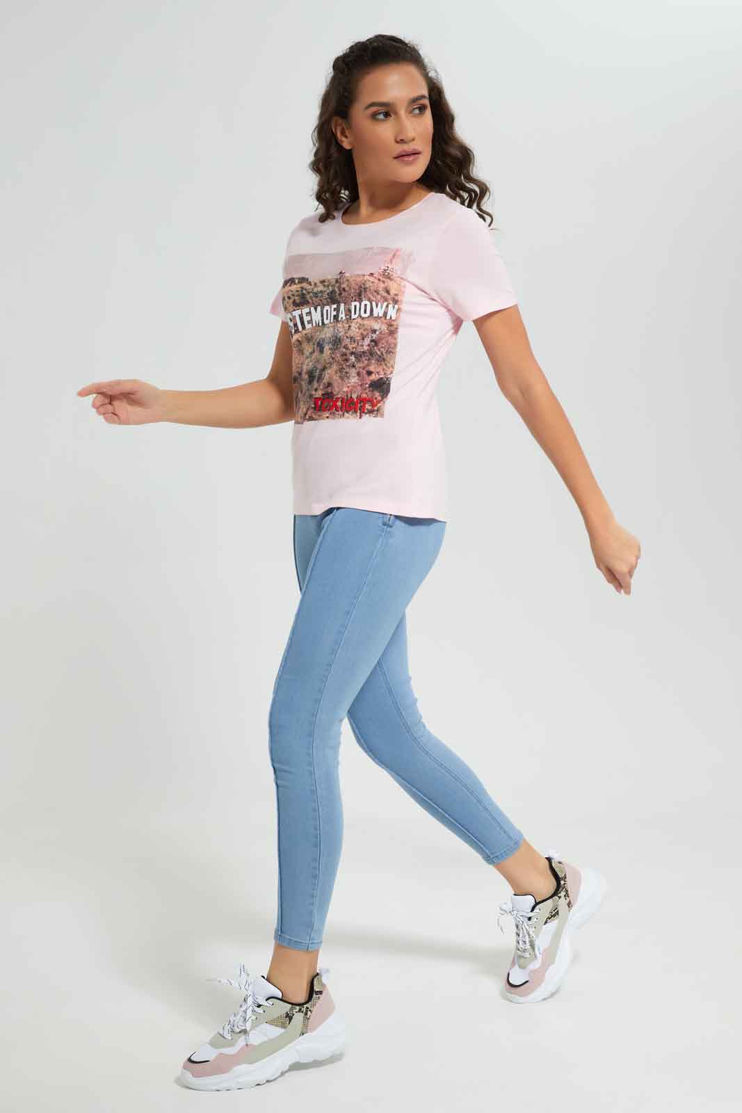 Redtag-Women-Pale-Pink-System-Of-A-Down-Printed-T-Shirt-Category:T-Shirts,-Colour:Apricot,-Deals:New-In,-Dept:Ladieswear,-FF,-Filter:Women's-Clothing,-New-In-Women-APL,-Non-Sale,-Section:Women,-W22B,-Women-T-Shirts-Women's-