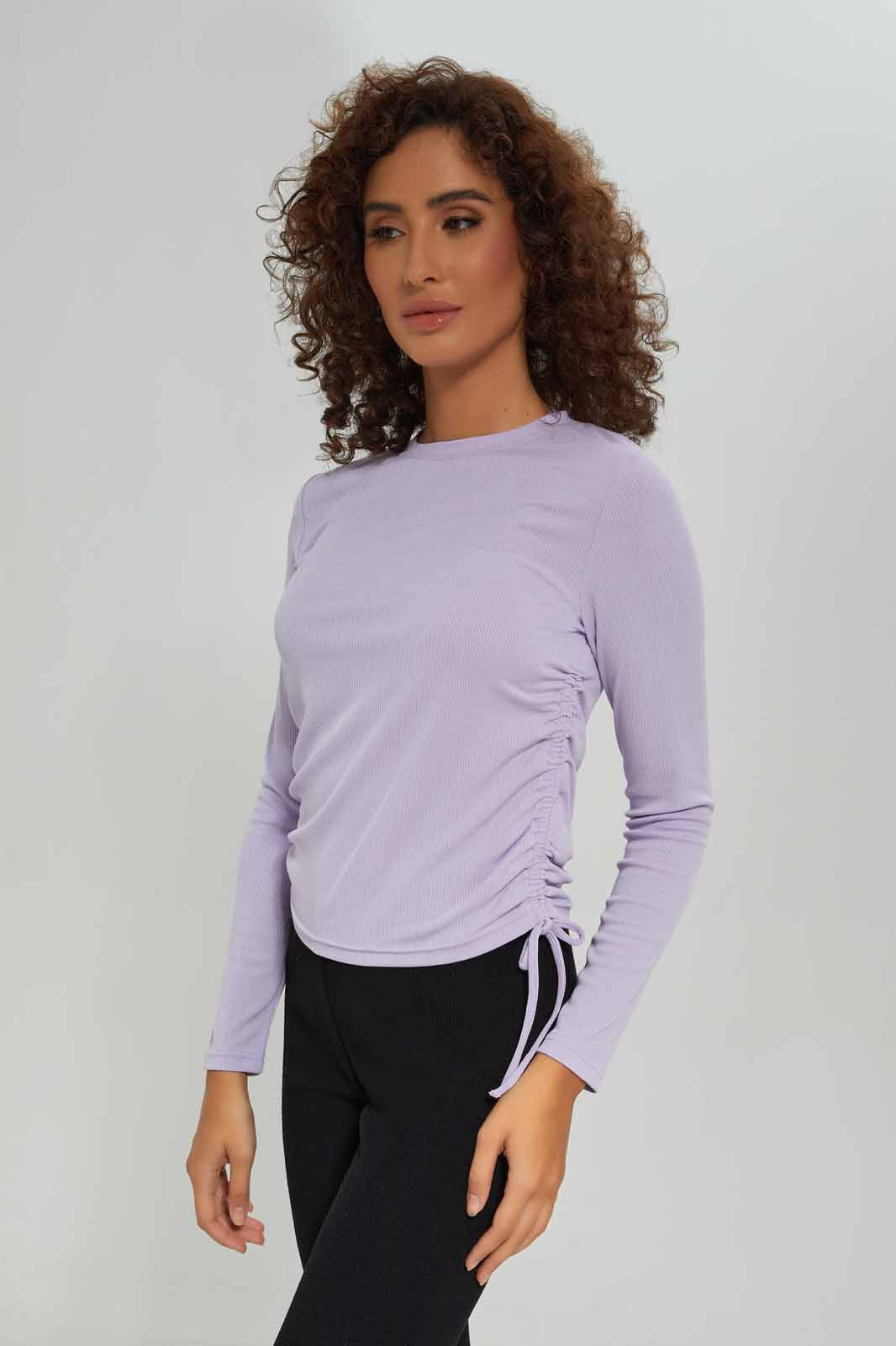Redtag-Women-Lilac-Long-Sleeve-Side-Ruched-Tshirt-Category:T-Shirts,-Colour:Lilac,-Deals:New-In,-Dept:Ladieswear,-Filter:Women's-Clothing,-New-In-Women-APL,-Non-Sale,-S23A,-Section:Women,-TBL,-Women-T-Shirts-Women's-