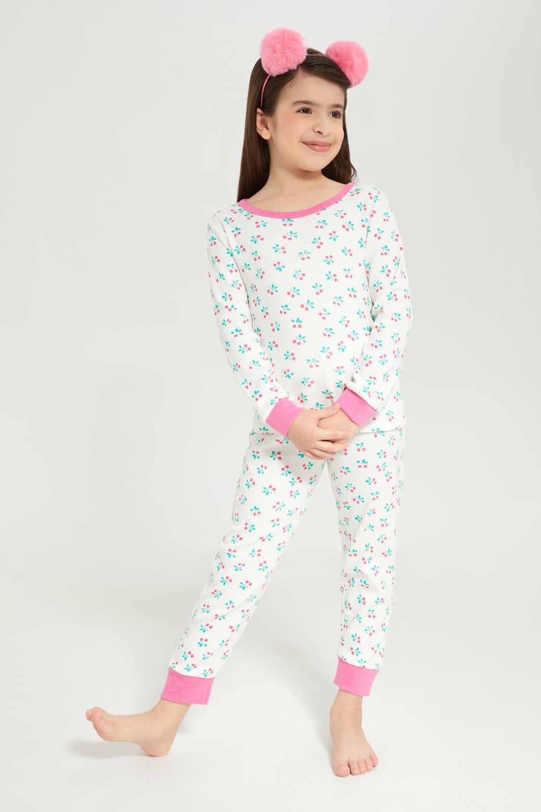 Girls Cream Printed Pyjama Set (2x Piece)
