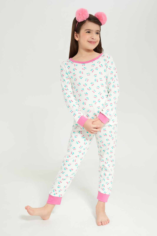 Girls Cream Printed Pyjama Set (2x Piece)