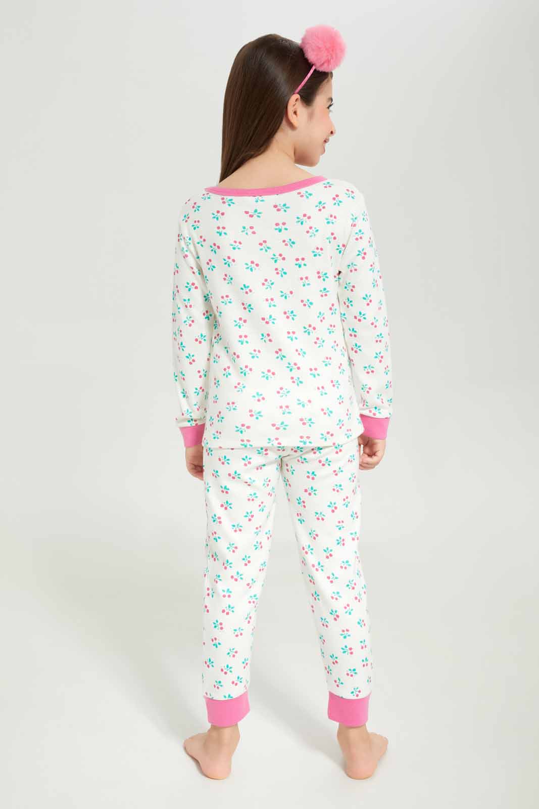 Girls Cream Printed Pyjama Set (2x Piece)