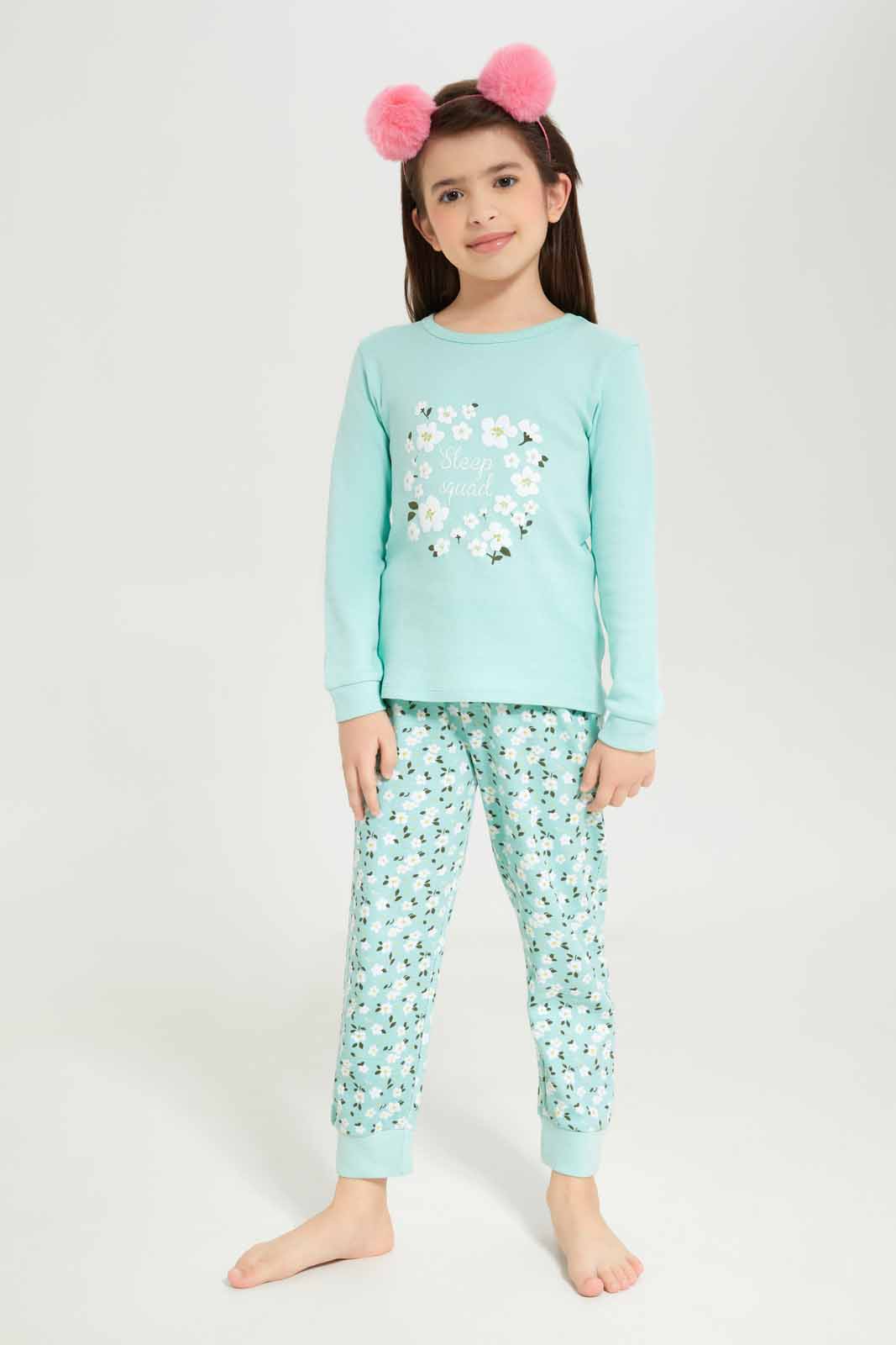 Redtag-Girls-Green-Floral-Print-Pj-Set-Category:Pyjama-Sets,-Colour:Green,-Deals:New-In,-Dept:Girls,-Filter:Girls-(2-to-8-Yrs),-GIR-Pyjama-Sets,-New-In-GIR-APL,-Non-Sale,-S23A,-Section:Girls-(0-to-14Yrs)-Girls-2 to 8 Years