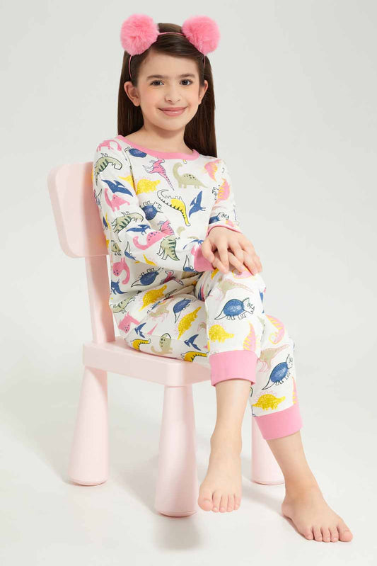 Redtag-Girls-Cream-Dinosaur-Pj-Set-Category:Pyjama-Sets,-Colour:Cream,-Deals:New-In,-Dept:Girls,-Filter:Girls-(2-to-8-Yrs),-GIR-Pyjama-Sets,-New-In-GIR-APL,-Non-Sale,-S23A,-Section:Girls-(0-to-14Yrs)-Girls-