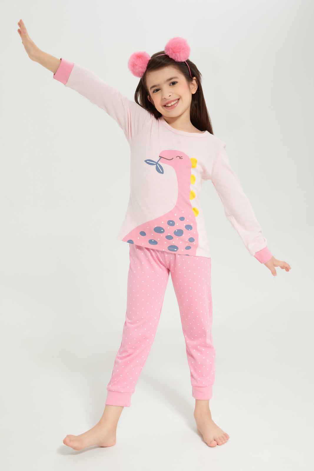 Redtag-Girls-Pink-Dinosaur-Pj-Set-Category:Pyjama-Sets,-Colour:Apricot,-Deals:New-In,-Dept:Girls,-Filter:Girls-(2-to-8-Yrs),-GIR-Pyjama-Sets,-New-In-GIR-APL,-Non-Sale,-S23A,-Section:Girls-(0-to-14Yrs)-Girls-