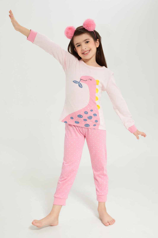 Redtag-Girls-Pink-Dinosaur-Pj-Set-Category:Pyjama-Sets,-Colour:Apricot,-Deals:New-In,-Dept:Girls,-Filter:Girls-(2-to-8-Yrs),-GIR-Pyjama-Sets,-New-In-GIR-APL,-Non-Sale,-S23A,-Section:Girls-(0-to-14Yrs)-Girls-