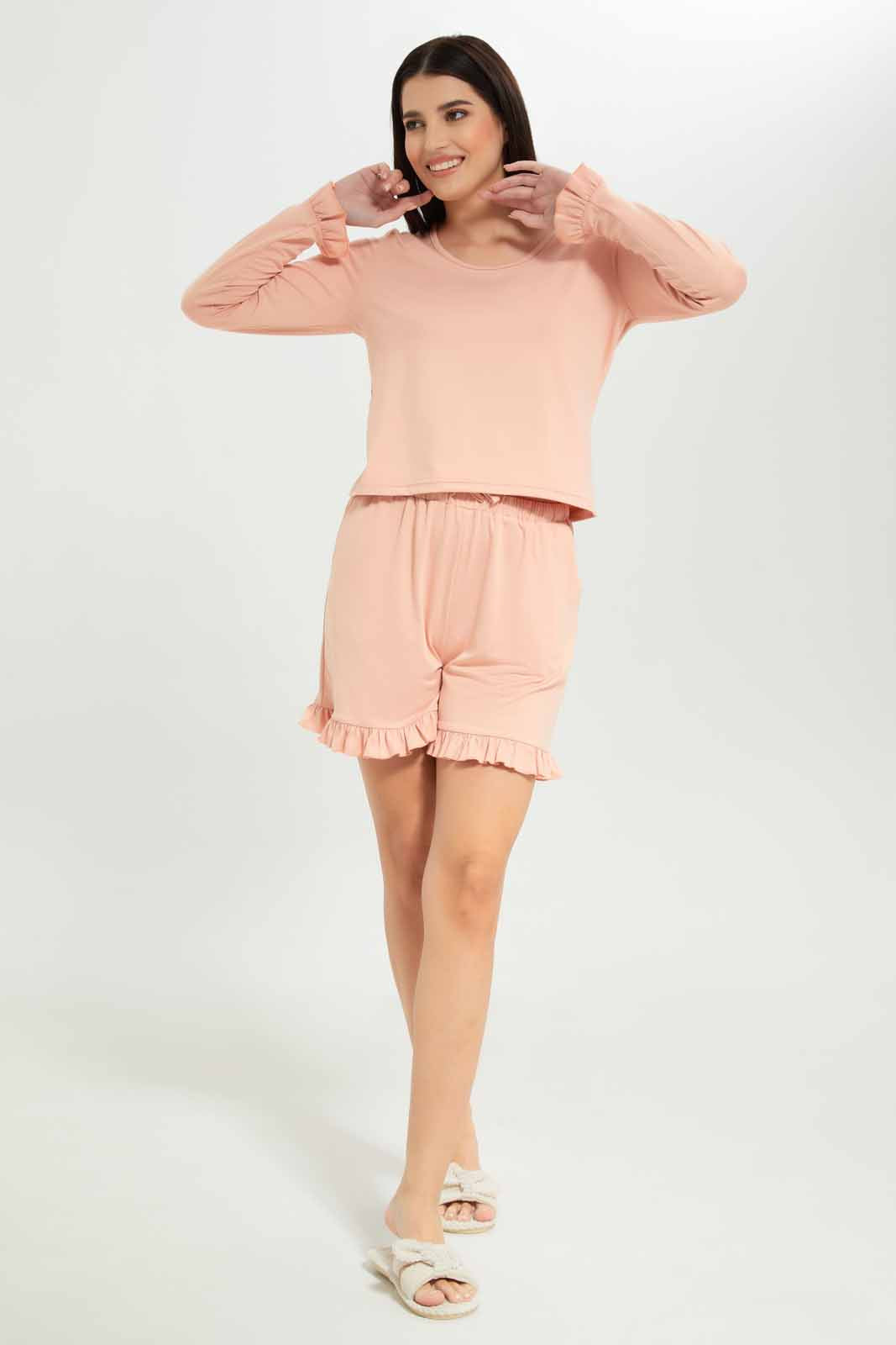 Redtag-Women-Pale-Pink-Long-Sleeves-Pajama-Set-Category:Pyjama-Sets,-Colour:Apricot,-Deals:New-In,-Dept:Ladieswear,-Filter:Women's-Clothing,-New-In-Women-APL,-Non-Sale,-S23A,-Section:Women,-Women-Pyjama-Sets--