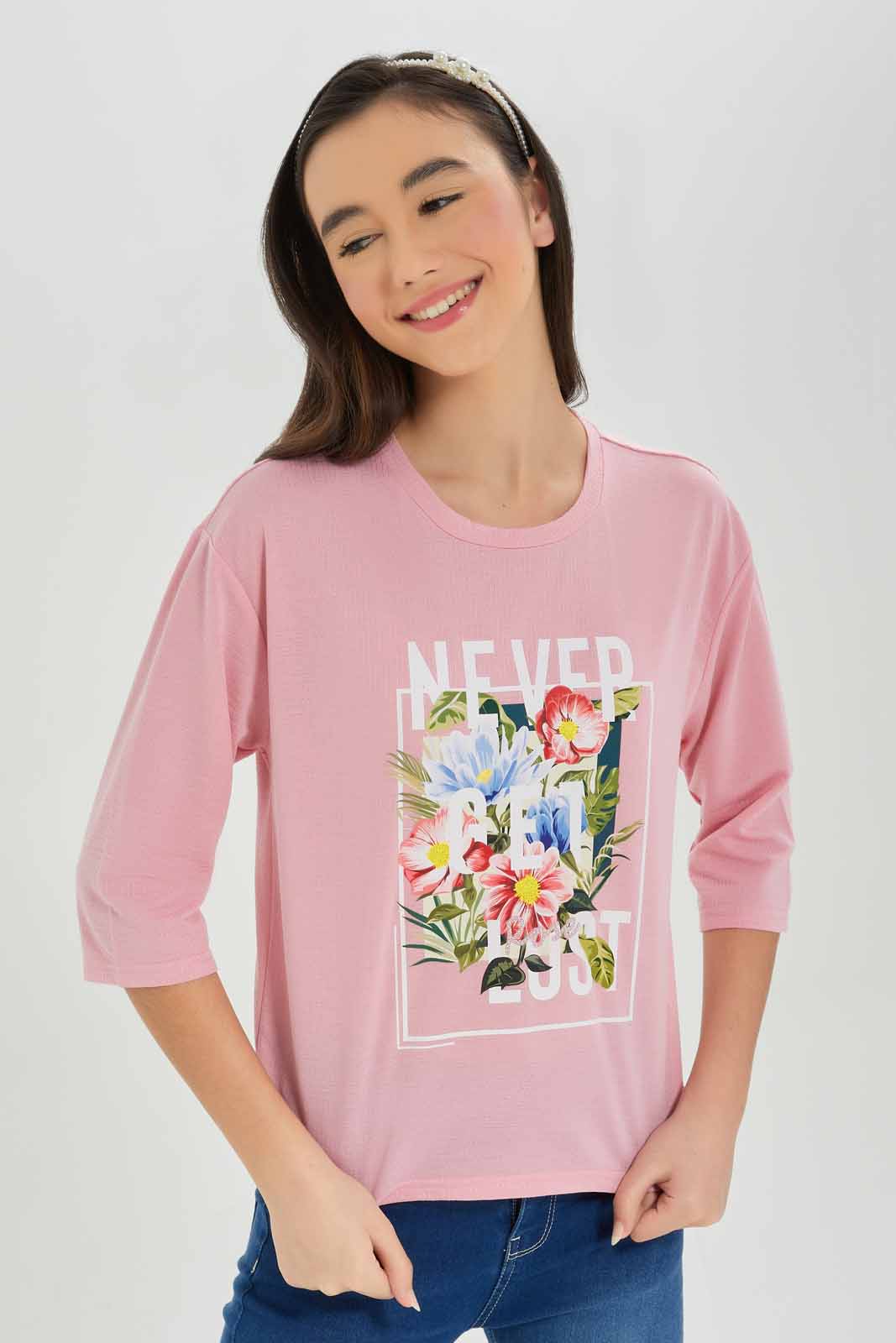 Redtag-Girls-Pink-Photoprint-Boxy-T-Shirt-Category:T-Shirts,-Colour:Apricot,-Deals:New-In,-Dept:Girls,-Filter:Senior-Girls-(8-to-14-Yrs),-GSR-T-Shirts,-New-In-GSR-APL,-Non-Sale,-S23A,-Section:Girls-(0-to-14Yrs)-Senior-Girls-9 to 14 Years
