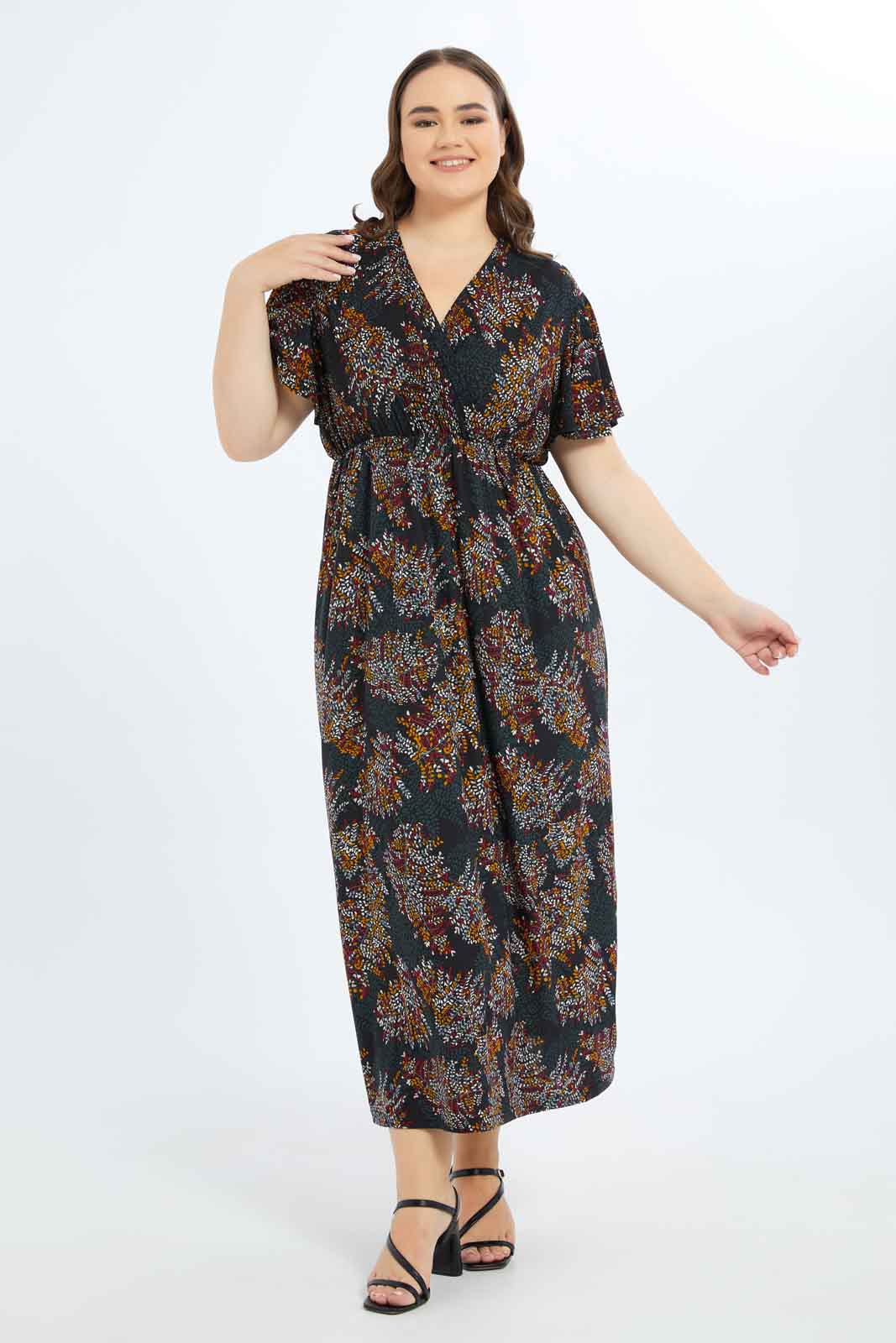 Redtag-Women-Black-Botanical-Print-Maxi-Dress-With-Ealsticated-Waist-Category:Dresses,-Colour:Assorted,-Deals:New-In,-Dept:Ladieswear,-Filter:Plus-Size,-LDP-Dresses,-New-In-LDP-APL,-Non-Sale,-S23B,-Section:Women-Women's-