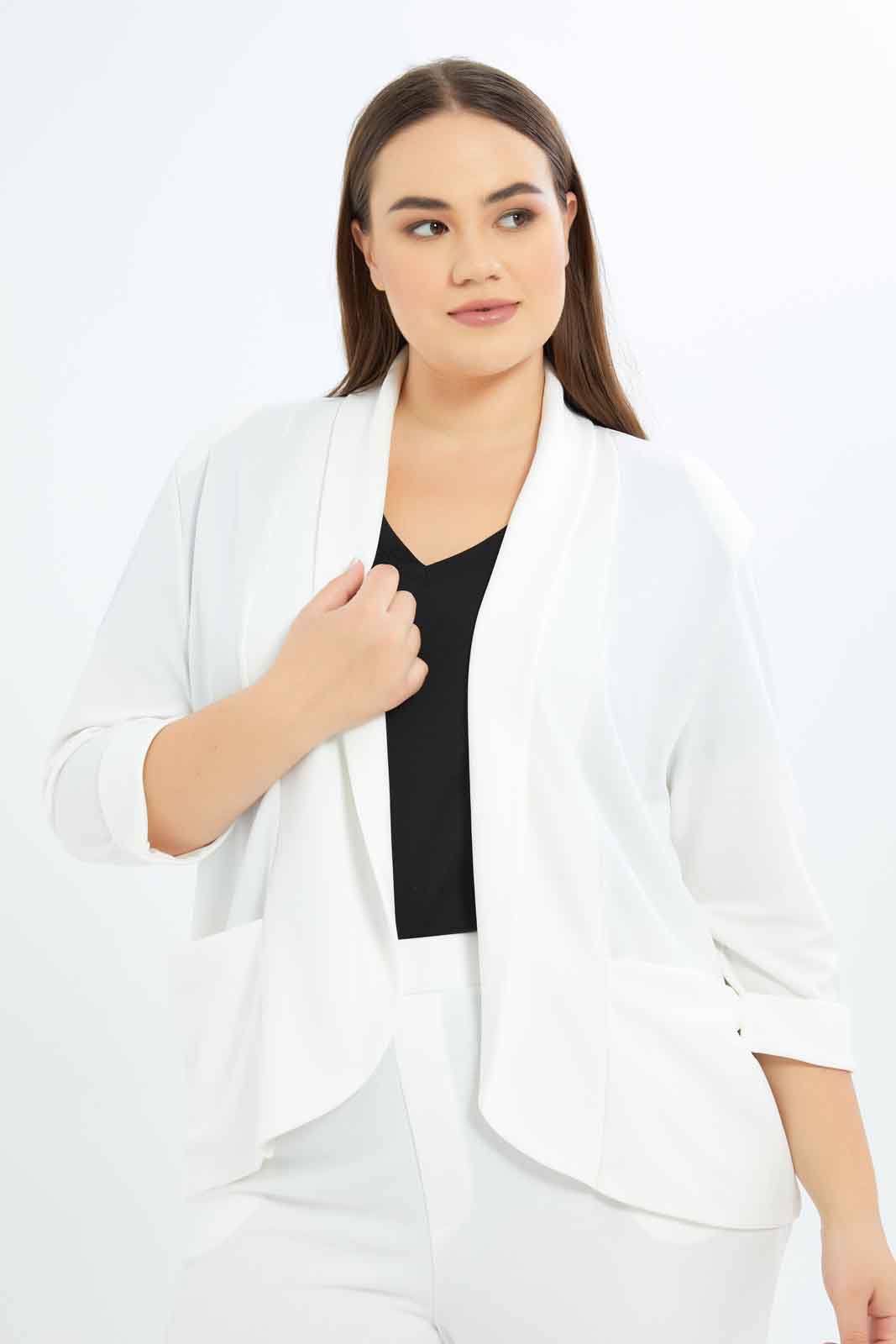 Redtag-Women-White-Lapel-Collar-Knitted-Jacket-Category:Jackets,-Colour:White,-Deals:New-In,-Dept:Ladieswear,-Filter:Plus-Size,-LDP-Jackets,-New-In-LDP-APL,-Non-Sale,-S23B,-Section:Women-Women's-