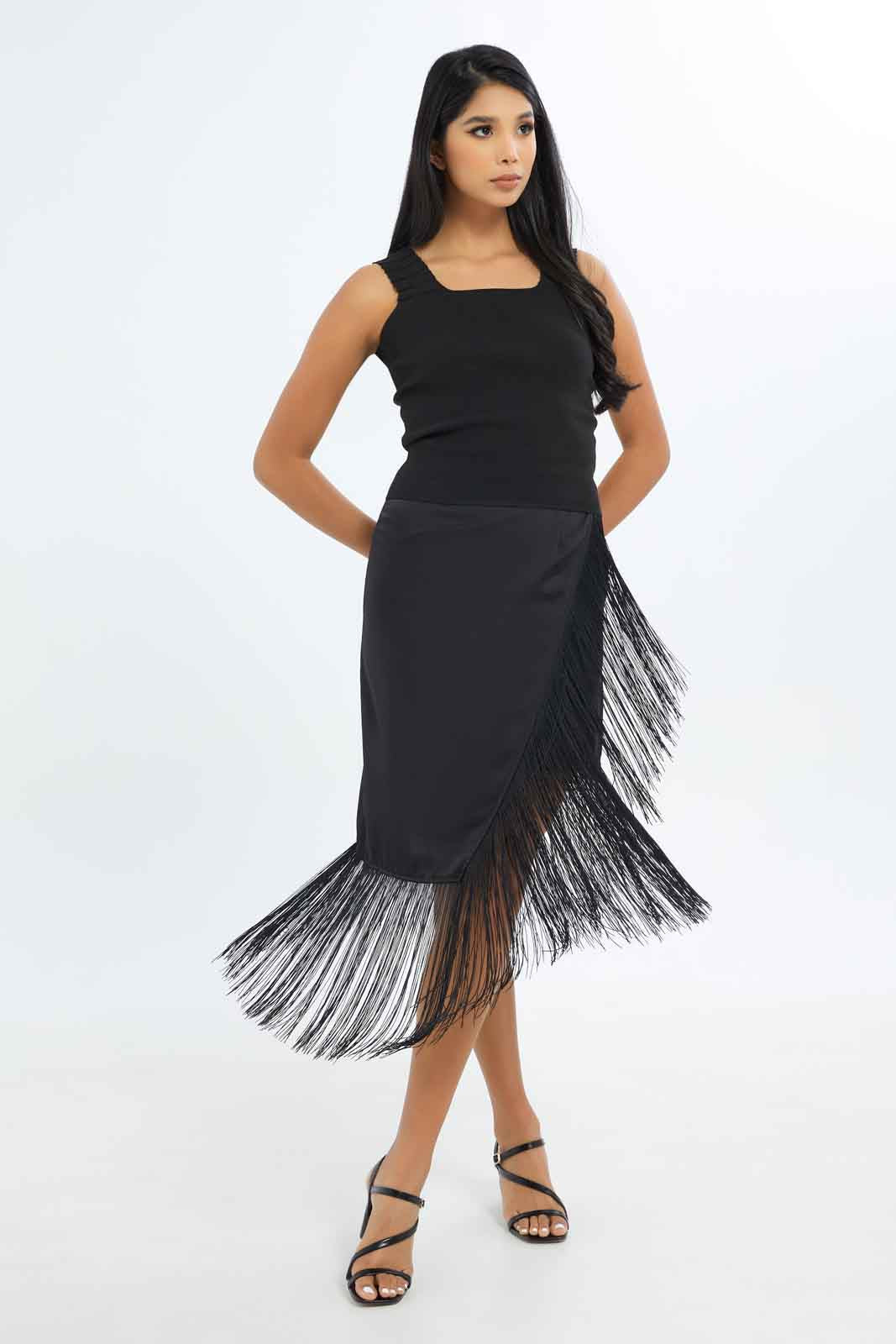Redtag-Women-Black-Tassel-Hem-Mid-Skirt-Category:Skirts,-Colour:Black,-Deals:New-In,-Dept:Ladieswear,-Filter:Women's-Clothing,-LEC,-LEC-Skirts,-New-In-LEC-APL,-Non-Sale,-S23A,-Section:Women-Women's-