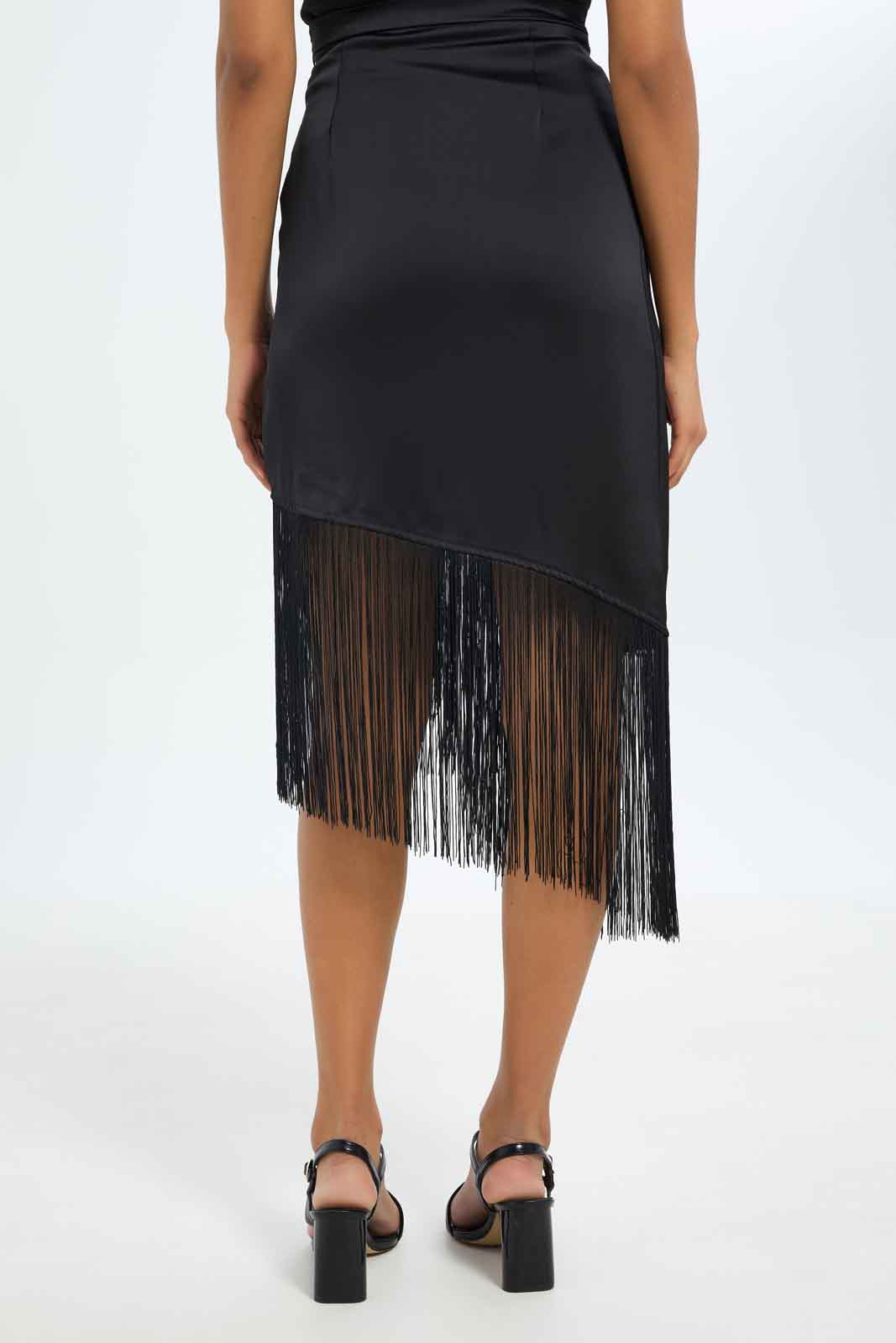 Redtag-Women-Black-Tassel-Hem-Mid-Skirt-Category:Skirts,-Colour:Black,-Deals:New-In,-Dept:Ladieswear,-Filter:Women's-Clothing,-LEC,-LEC-Skirts,-New-In-LEC-APL,-Non-Sale,-S23A,-Section:Women-Women's-