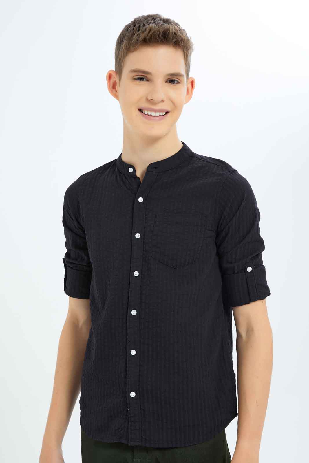 Redtag-Boys-Black-Plain-Casual-Shirt-BSR-Shirts,-Category:Shirts,-Colour:Black,-Deals:New-In,-Dept:Boys,-Filter:Senior-Boys-(8-to-14-Yrs),-New-In-BSR-APL,-Non-Sale,-S23B,-Section:Boys-(0-to-14Yrs),-VLM-Senior-Boys-9 to 14 Years