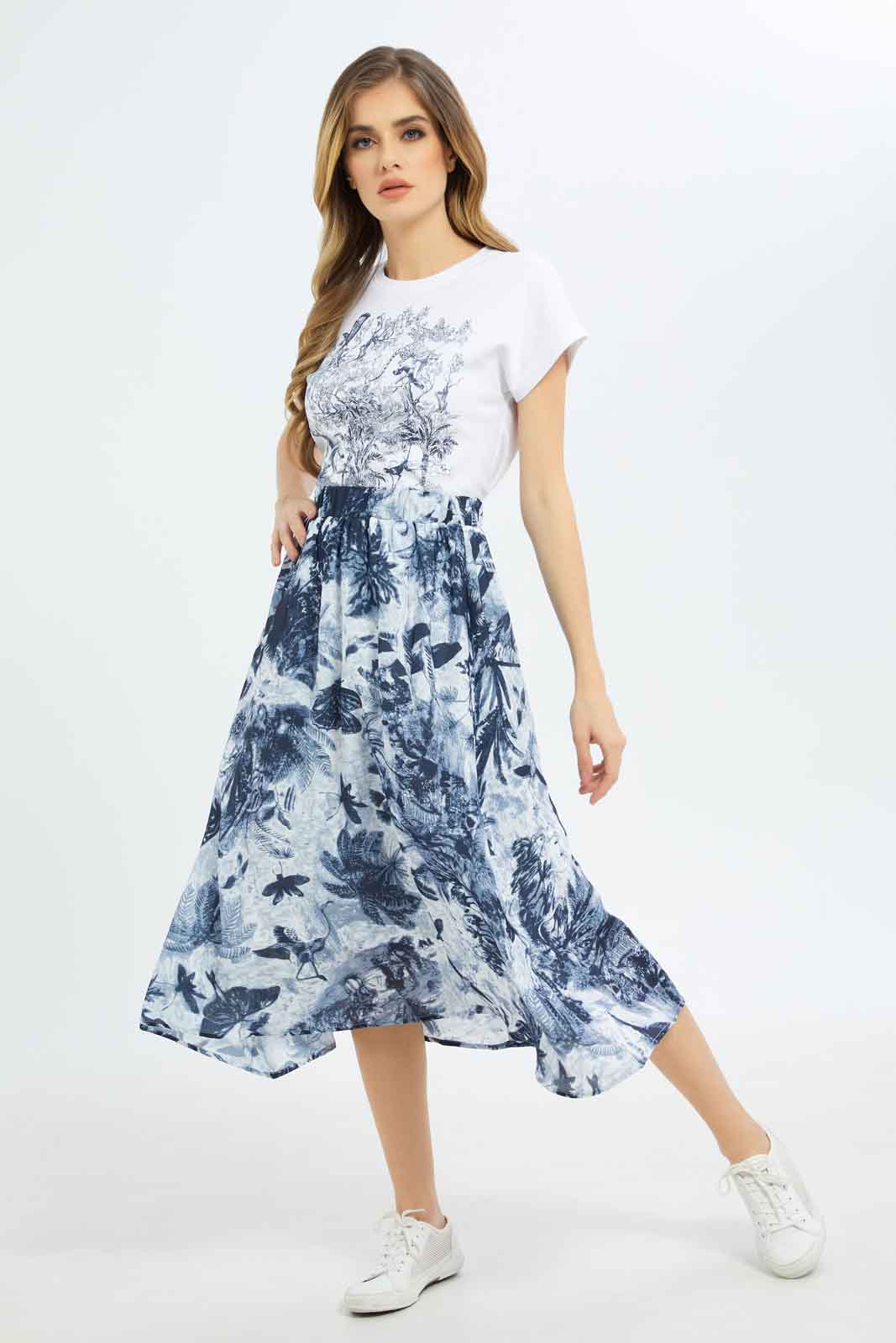 Redtag-Women-Navy-Printed-Tiered-Skirt-Category:Skirts,-Colour:Navy,-Deals:New-In,-Dept:Ladieswear,-Filter:Women's-Clothing,-LDC,-LDC-Skirts,-New-In-LDC-APL,-Non-Sale,-S23B,-Section:Women-Women's-