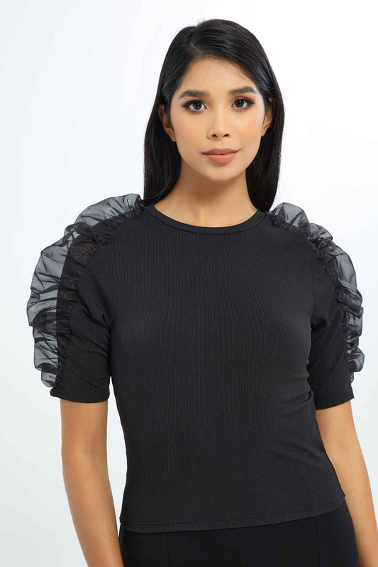 Redtag-Women-Black-Organza-Sleeve-Top-Category:Tops,-Colour:Black,-Deals:New-In,-Dept:Ladieswear,-Filter:Women's-Clothing,-LEC,-LEC-Tops,-New-In-LEC-APL,-Non-Sale,-S23B,-Section:Women-Women's-