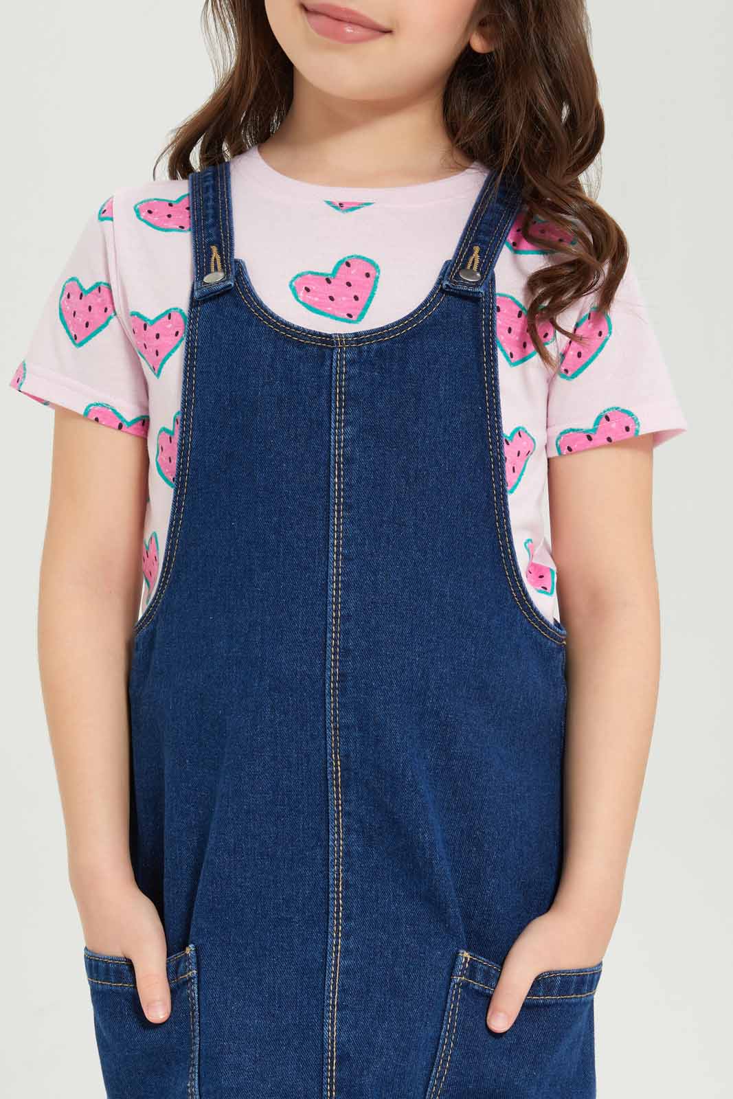 Redtag-Girls-Denim-Pinni---Stonewash---Pink-Watermelon-Category:Dresses,-Colour:Blue,-Deals:New-In,-Dept:Girls,-Filter:Girls-(2-to-8-Yrs),-GIR-Dresses,-New-In-GIR-APL,-Non-Sale,-S23A,-Section:Girls-(0-to-14Yrs)-Girls-
