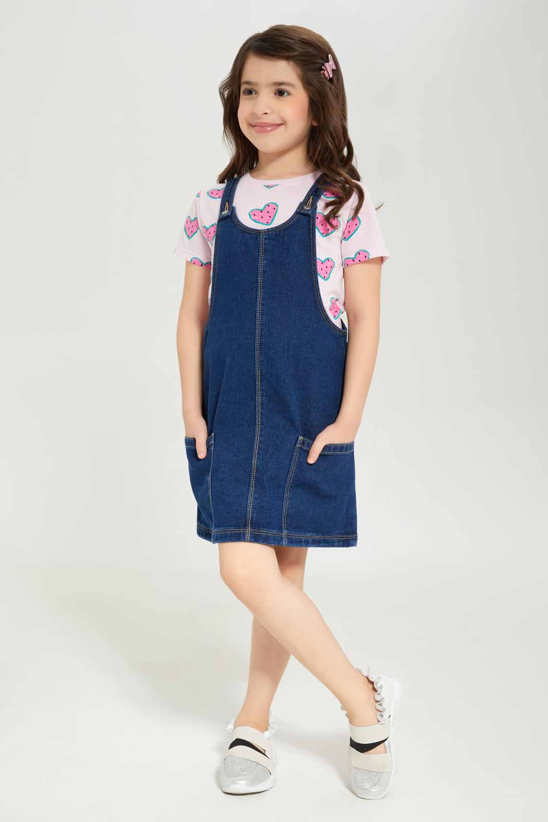 Redtag-Girls-Denim-Pinni---Stonewash---Pink-Watermelon-Category:Dresses,-Colour:Blue,-Deals:New-In,-Dept:Girls,-Filter:Girls-(2-to-8-Yrs),-GIR-Dresses,-New-In-GIR-APL,-Non-Sale,-S23A,-Section:Girls-(0-to-14Yrs)-Girls-