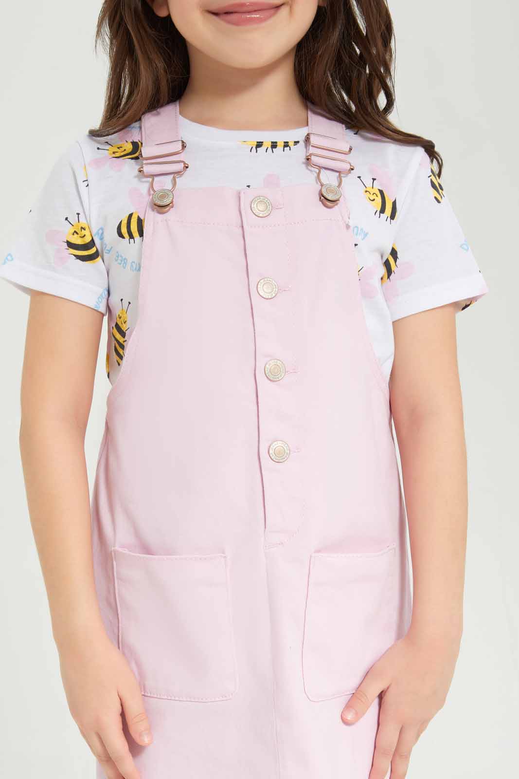 Redtag-Girls-Denim-Pinni---Pink,-White-Bees-&-Hearts-Category:Dresses,-Colour:Apricot,-Deals:New-In,-Dept:Girls,-Filter:Girls-(2-to-8-Yrs),-GIR-Dresses,-New-In-GIR-APL,-Non-Sale,-S23A,-Section:Girls-(0-to-14Yrs)-Girls-