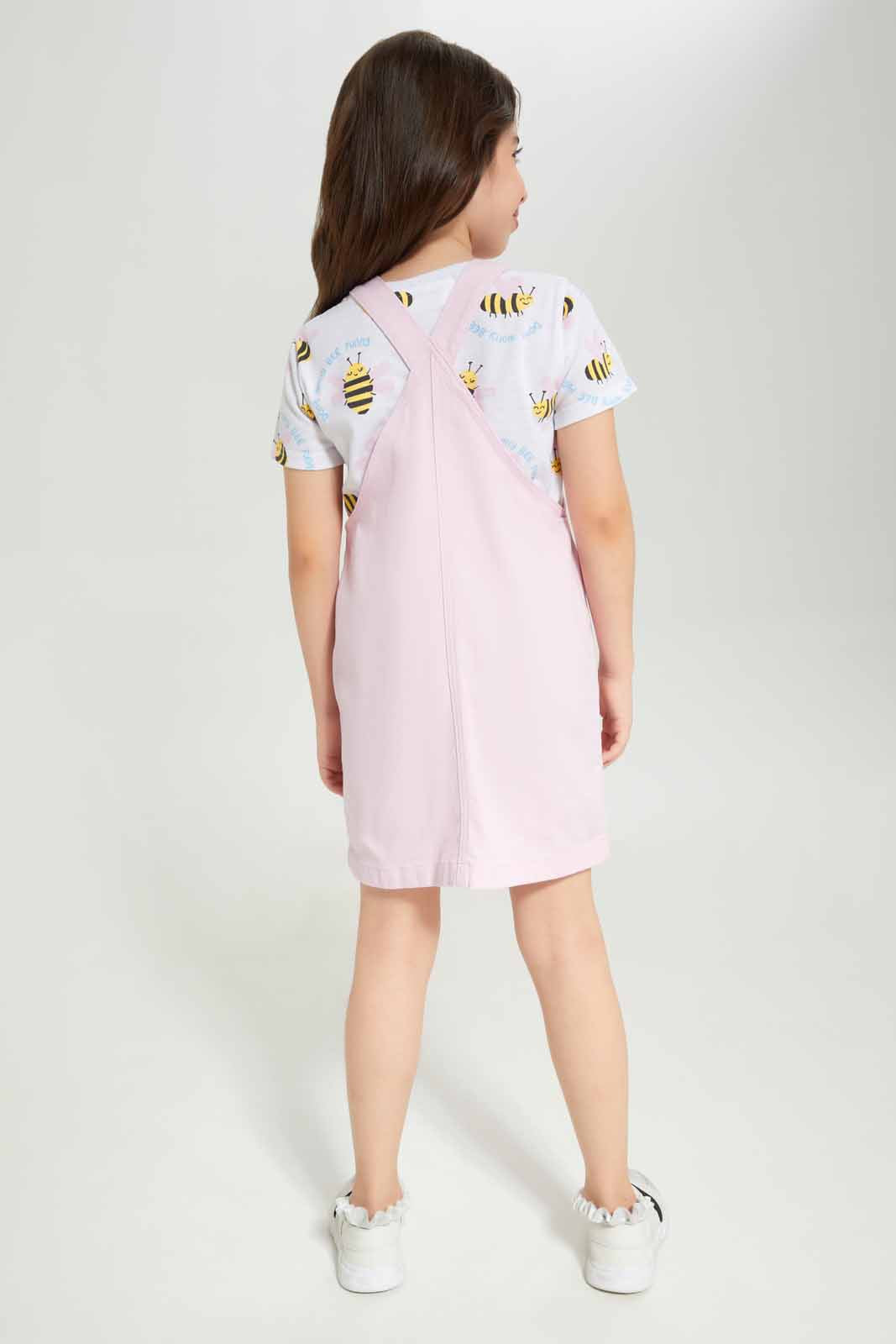 Redtag-Girls-Denim-Pinni---Pink,-White-Bees-&-Hearts-Category:Dresses,-Colour:Apricot,-Deals:New-In,-Dept:Girls,-Filter:Girls-(2-to-8-Yrs),-GIR-Dresses,-New-In-GIR-APL,-Non-Sale,-S23A,-Section:Girls-(0-to-14Yrs)-Girls-