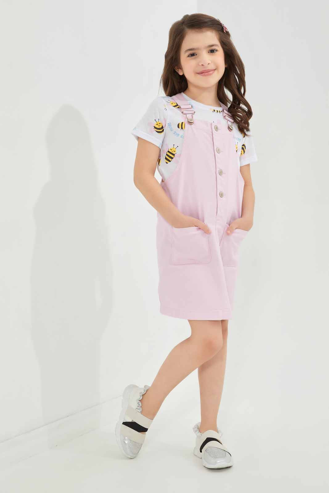 Redtag-Girls-Denim-Pinni---Pink,-White-Bees-&-Hearts-Category:Dresses,-Colour:Apricot,-Deals:New-In,-Dept:Girls,-Filter:Girls-(2-to-8-Yrs),-GIR-Dresses,-New-In-GIR-APL,-Non-Sale,-S23A,-Section:Girls-(0-to-14Yrs)-Girls-