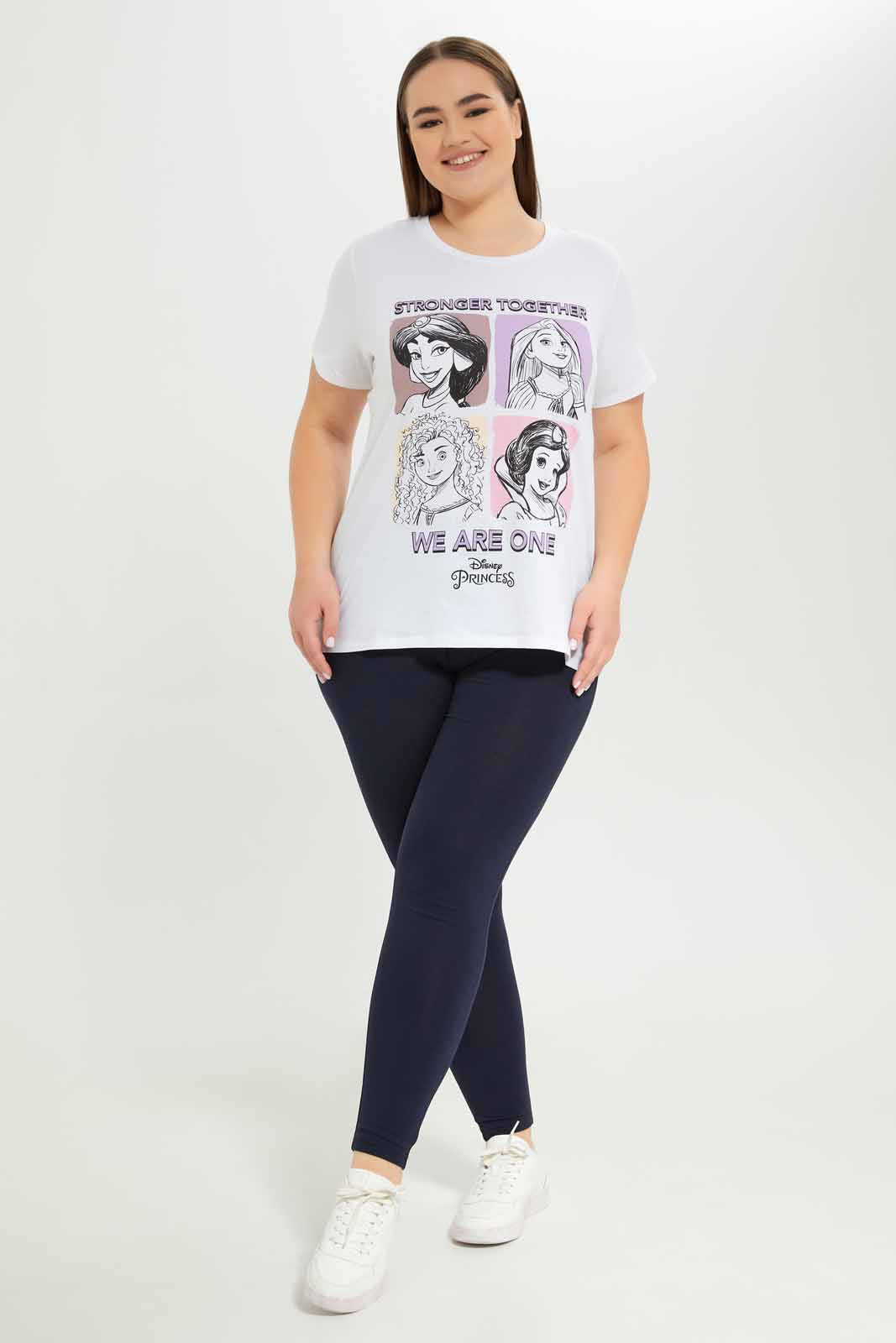 Redtag-Women-White-Disney-Princess-Placement-Print-T-Shirt-Category:T-Shirts,-CHA,-Colour:White,-Deals:New-In,-Dept:Ladieswear,-Filter:Plus-Size,-LDP-T-Shirts,-New-In-LDP-APL,-Non-Sale,-S23A,-Section:Women,-TBL-Women's-