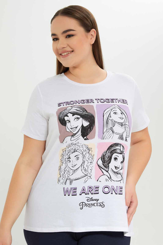 Redtag-Women-White-Disney-Princess-Placement-Print-T-Shirt-Category:T-Shirts,-CHA,-Colour:White,-Deals:New-In,-Dept:Ladieswear,-Filter:Plus-Size,-LDP-T-Shirts,-New-In-LDP-APL,-Non-Sale,-S23A,-Section:Women,-TBL-Women's-