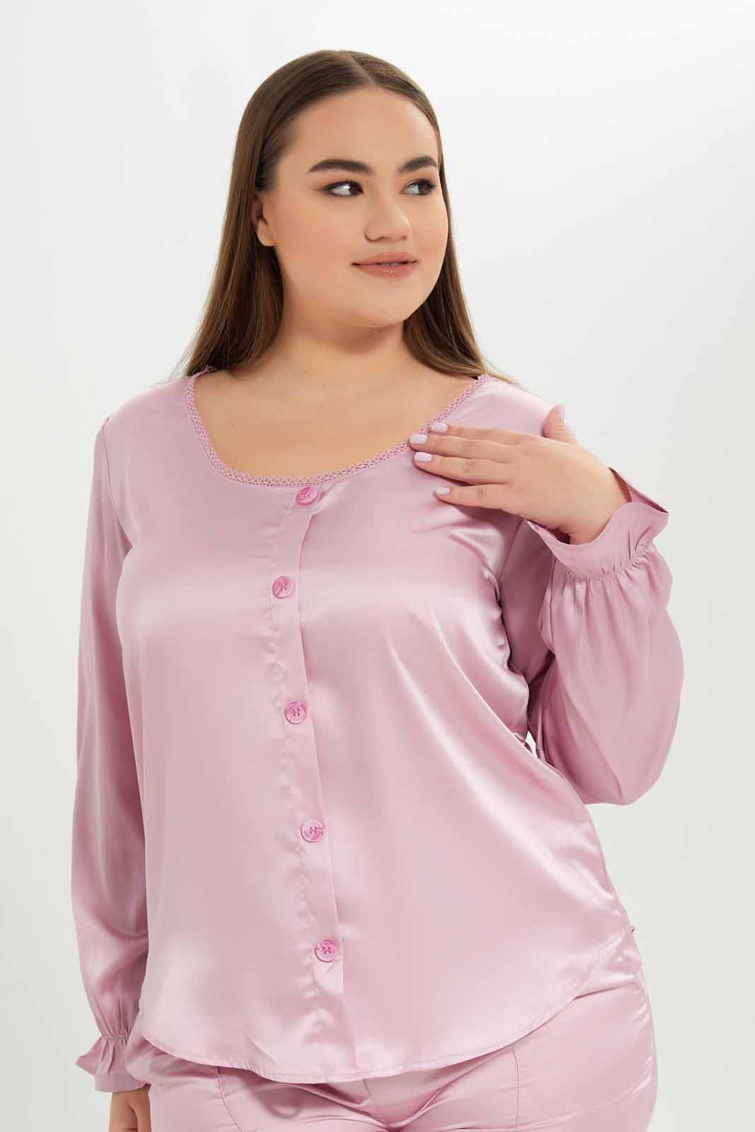 Redtag-Women-Mauve-Lace-Neck-Detail-Satin-Blouse-Category:Blouses,-Colour:Mauve,-Deals:New-In,-Dept:Ladieswear,-Filter:Plus-Size,-LDP-Blouses,-New-In-LDP-APL,-Non-Sale,-S23A,-Section:Women-Women's-
