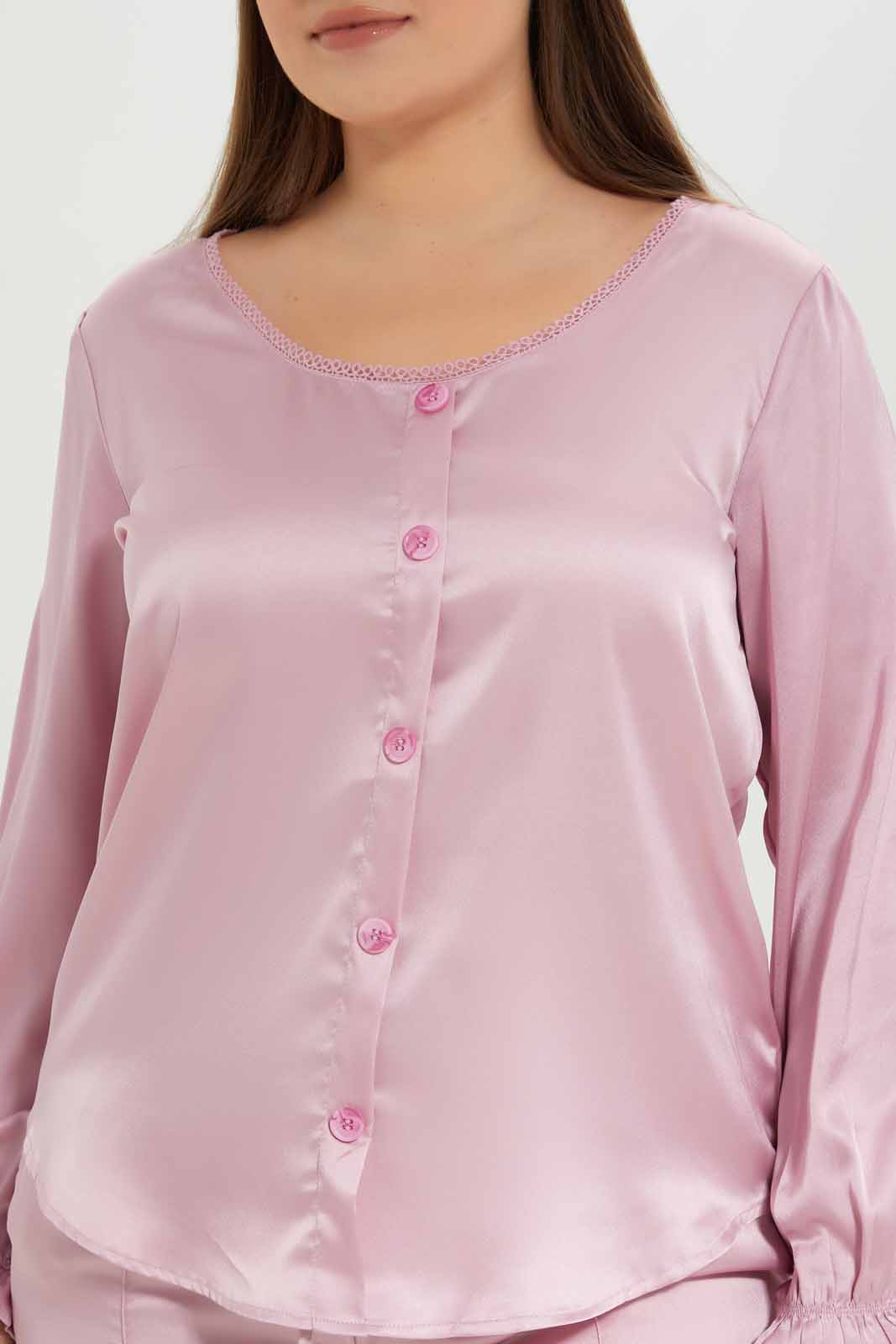 Redtag-Women-Mauve-Lace-Neck-Detail-Satin-Blouse-Category:Blouses,-Colour:Mauve,-Deals:New-In,-Dept:Ladieswear,-Filter:Plus-Size,-LDP-Blouses,-New-In-LDP-APL,-Non-Sale,-S23A,-Section:Women-Women's-