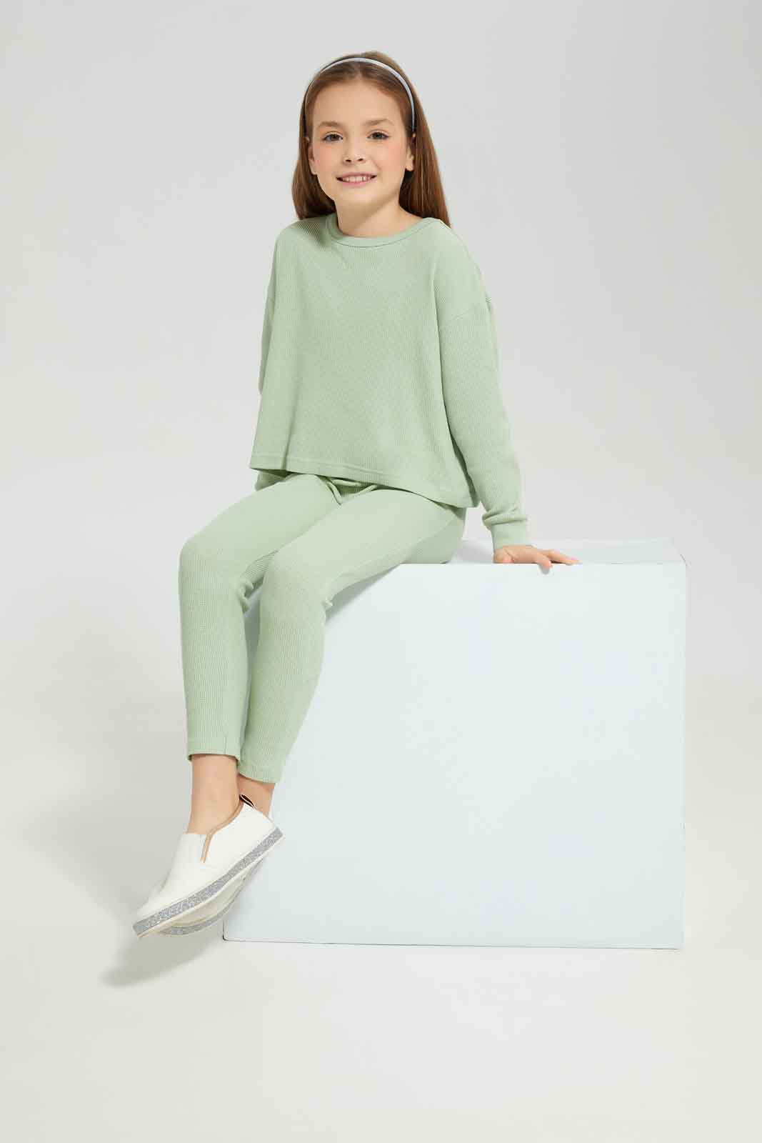 Redtag-Girls-Green-Waffle-Top-Category:Sweatshirts,-Colour:Green,-Deals:New-In,-Dept:Girls,-Filter:Girls-(2-to-8-Yrs),-GIR-Sweatshirts,-New-In-GIR-APL,-Non-Sale,-S23A,-Section:Girls-(0-to-14Yrs)-Girls-2 to 8 Years