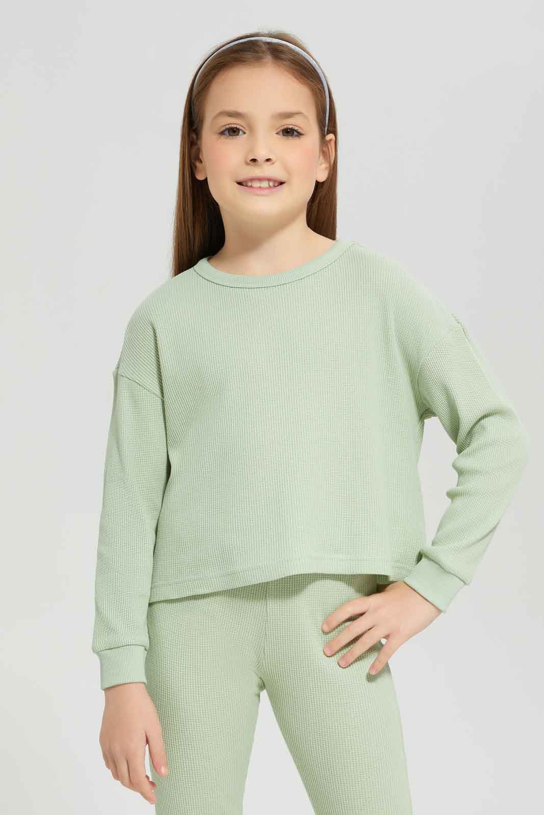 Redtag-Girls-Green-Waffle-Top-Category:Sweatshirts,-Colour:Green,-Deals:New-In,-Dept:Girls,-Filter:Girls-(2-to-8-Yrs),-GIR-Sweatshirts,-New-In-GIR-APL,-Non-Sale,-S23A,-Section:Girls-(0-to-14Yrs)-Girls-2 to 8 Years