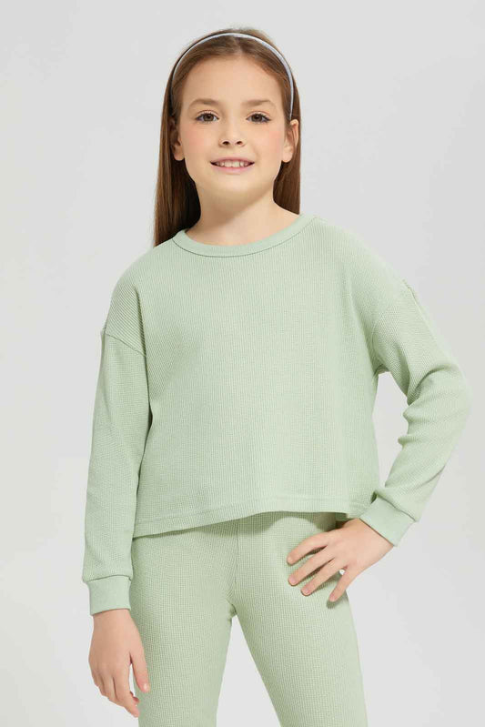 Redtag-Girls-Green-Waffle-Top-Category:Sweatshirts,-Colour:Green,-Deals:New-In,-Dept:Girls,-Filter:Girls-(2-to-8-Yrs),-GIR-Sweatshirts,-New-In-GIR-APL,-Non-Sale,-S23A,-Section:Girls-(0-to-14Yrs)-Girls-2 to 8 Years