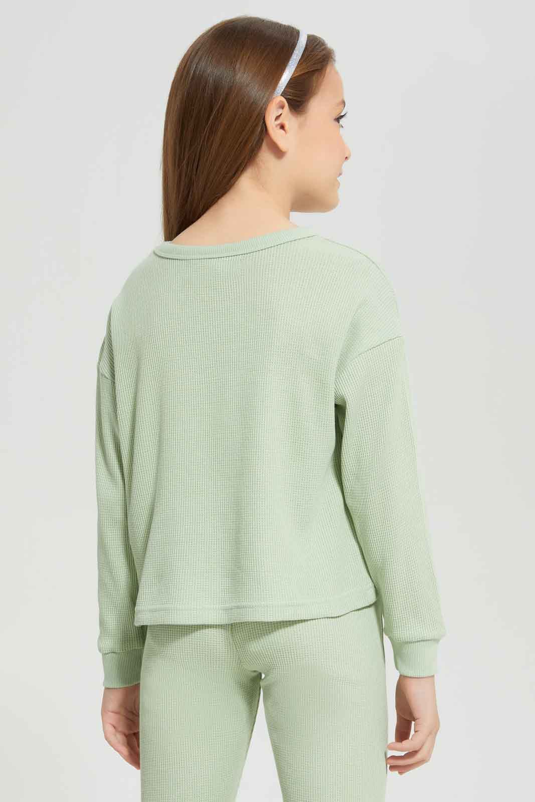 Redtag-Girls-Green-Waffle-Top-Category:Sweatshirts,-Colour:Green,-Deals:New-In,-Dept:Girls,-Filter:Girls-(2-to-8-Yrs),-GIR-Sweatshirts,-New-In-GIR-APL,-Non-Sale,-S23A,-Section:Girls-(0-to-14Yrs)-Girls-2 to 8 Years