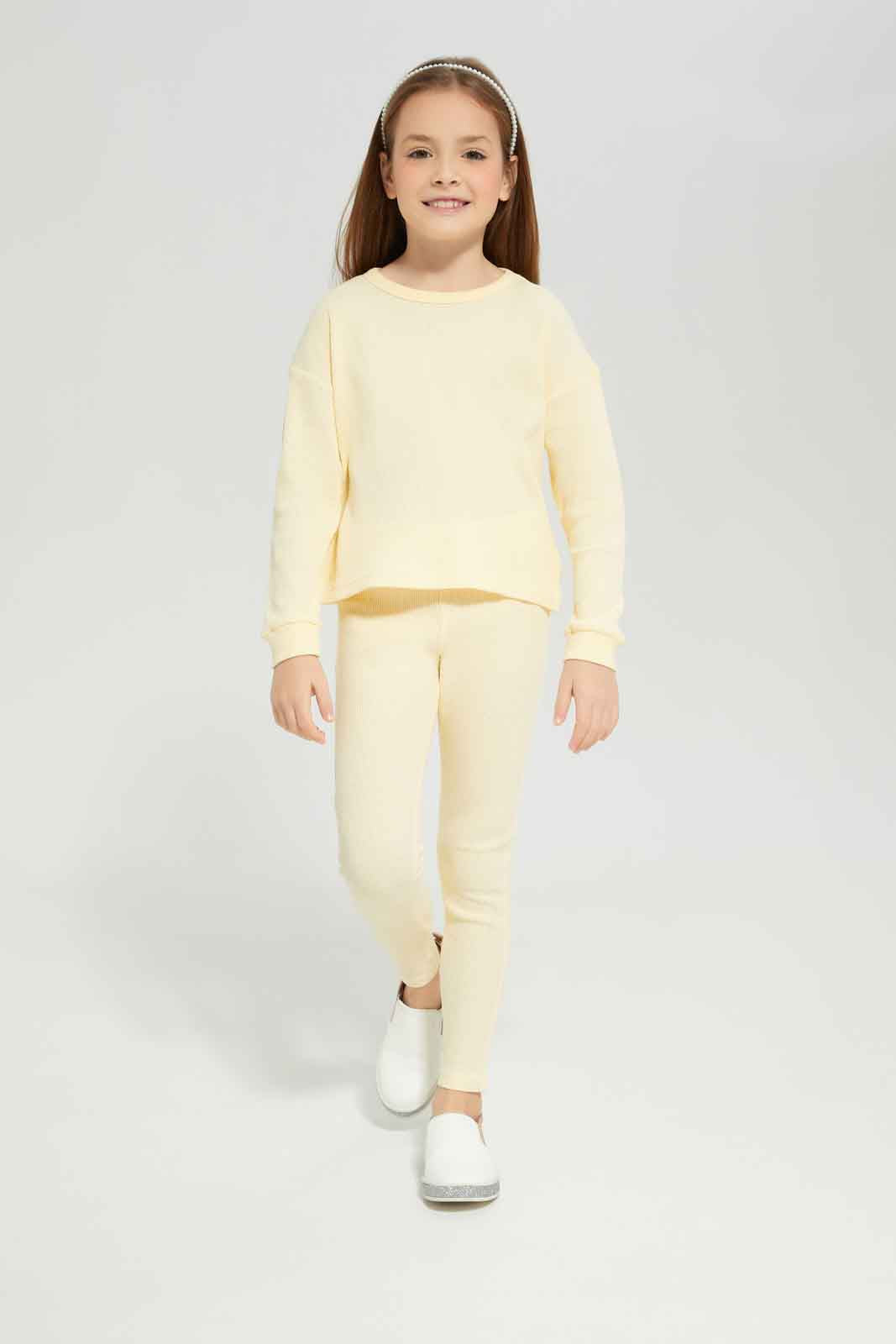 Redtag-Girls-Yellow-Waffle-Top-Category:Sweatshirts,-Colour:Yellow,-Deals:New-In,-Dept:Girls,-Filter:Girls-(2-to-8-Yrs),-GIR-Sweatshirts,-New-In-GIR-APL,-Non-Sale,-S23A,-Section:Girls-(0-to-14Yrs)-Girls-2 to 8 Years