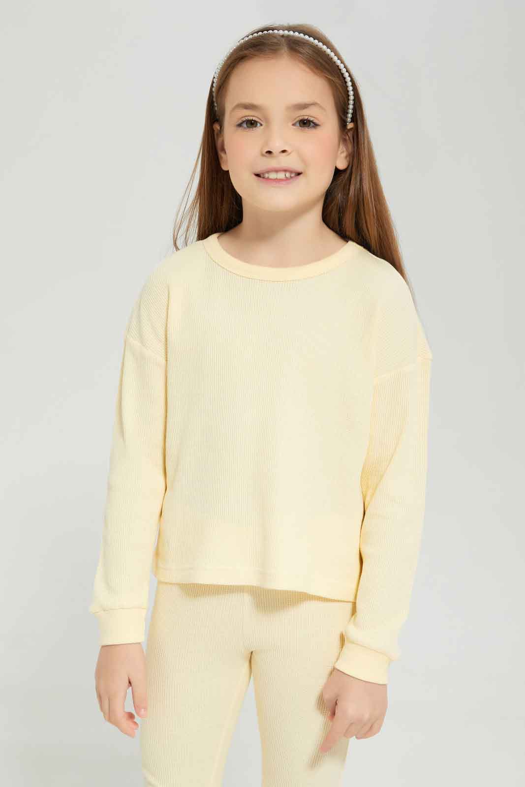 Redtag-Girls-Yellow-Waffle-Top-Category:Sweatshirts,-Colour:Yellow,-Deals:New-In,-Dept:Girls,-Filter:Girls-(2-to-8-Yrs),-GIR-Sweatshirts,-New-In-GIR-APL,-Non-Sale,-S23A,-Section:Girls-(0-to-14Yrs)-Girls-2 to 8 Years