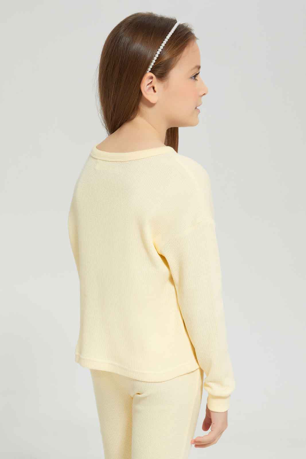 Redtag-Girls-Yellow-Waffle-Top-Category:Sweatshirts,-Colour:Yellow,-Deals:New-In,-Dept:Girls,-Filter:Girls-(2-to-8-Yrs),-GIR-Sweatshirts,-New-In-GIR-APL,-Non-Sale,-S23A,-Section:Girls-(0-to-14Yrs)-Girls-2 to 8 Years