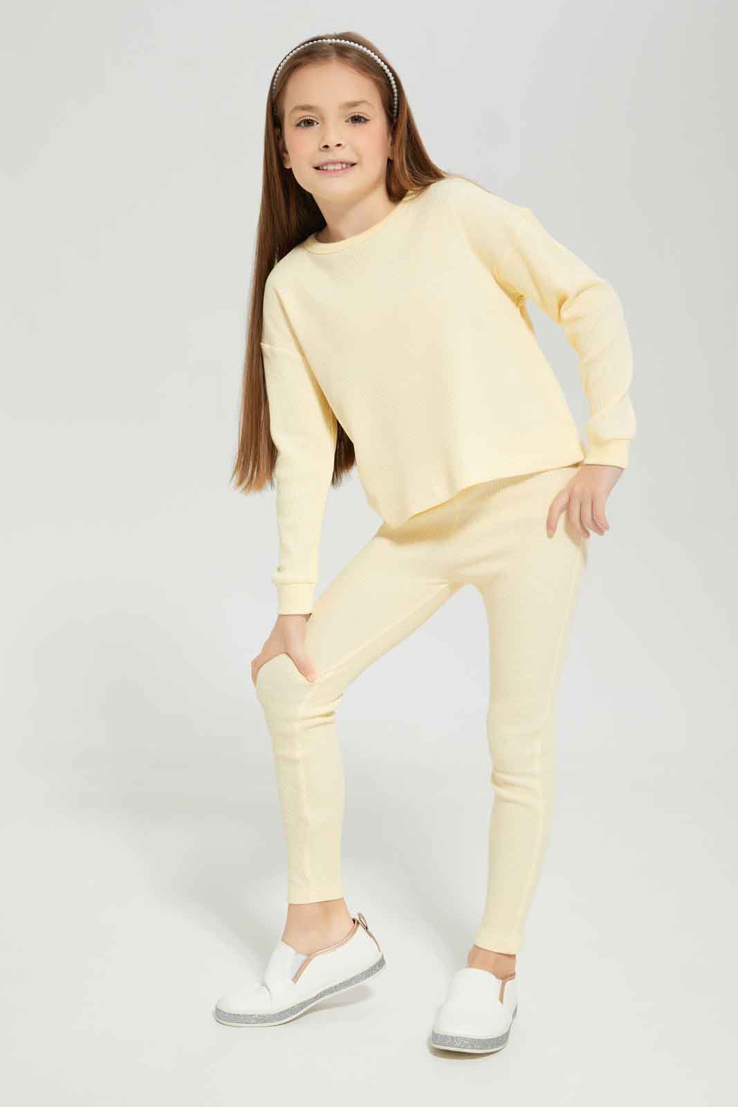 Redtag-Girls-Yellow-Waffle-Track-Category:Joggers,-Colour:Yellow,-Deals:New-In,-Dept:Girls,-Filter:Girls-(2-to-8-Yrs),-GIR-Joggers,-New-In-GIR-APL,-Non-Sale,-S23A,-Section:Girls-(0-to-14Yrs)-Girls-2 to 8 Years