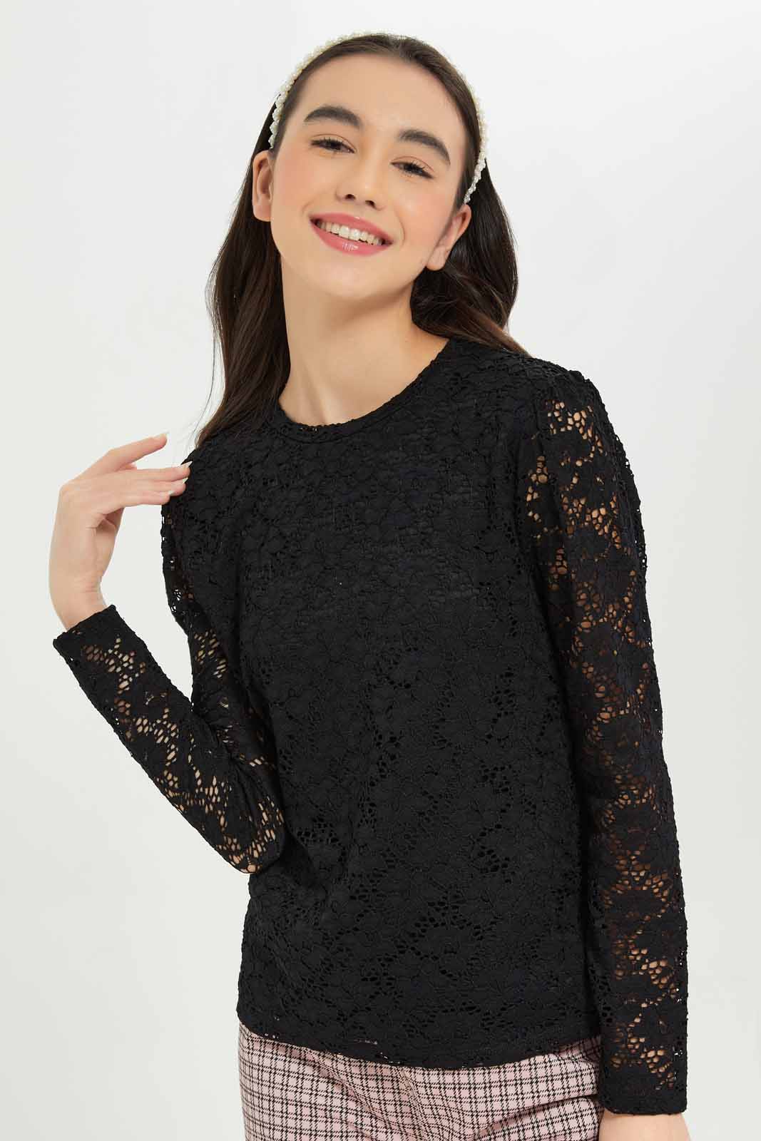 Redtag-Girls-Black-Lace-Top-Category:T-Shirts,-Colour:Black,-Deals:New-In,-Dept:Girls,-Filter:Senior-Girls-(8-to-14-Yrs),-GSR-T-Shirts,-New-In-GSR-APL,-Non-Sale,-S23A,-Section:Girls-(0-to-14Yrs)-Senior-Girls-