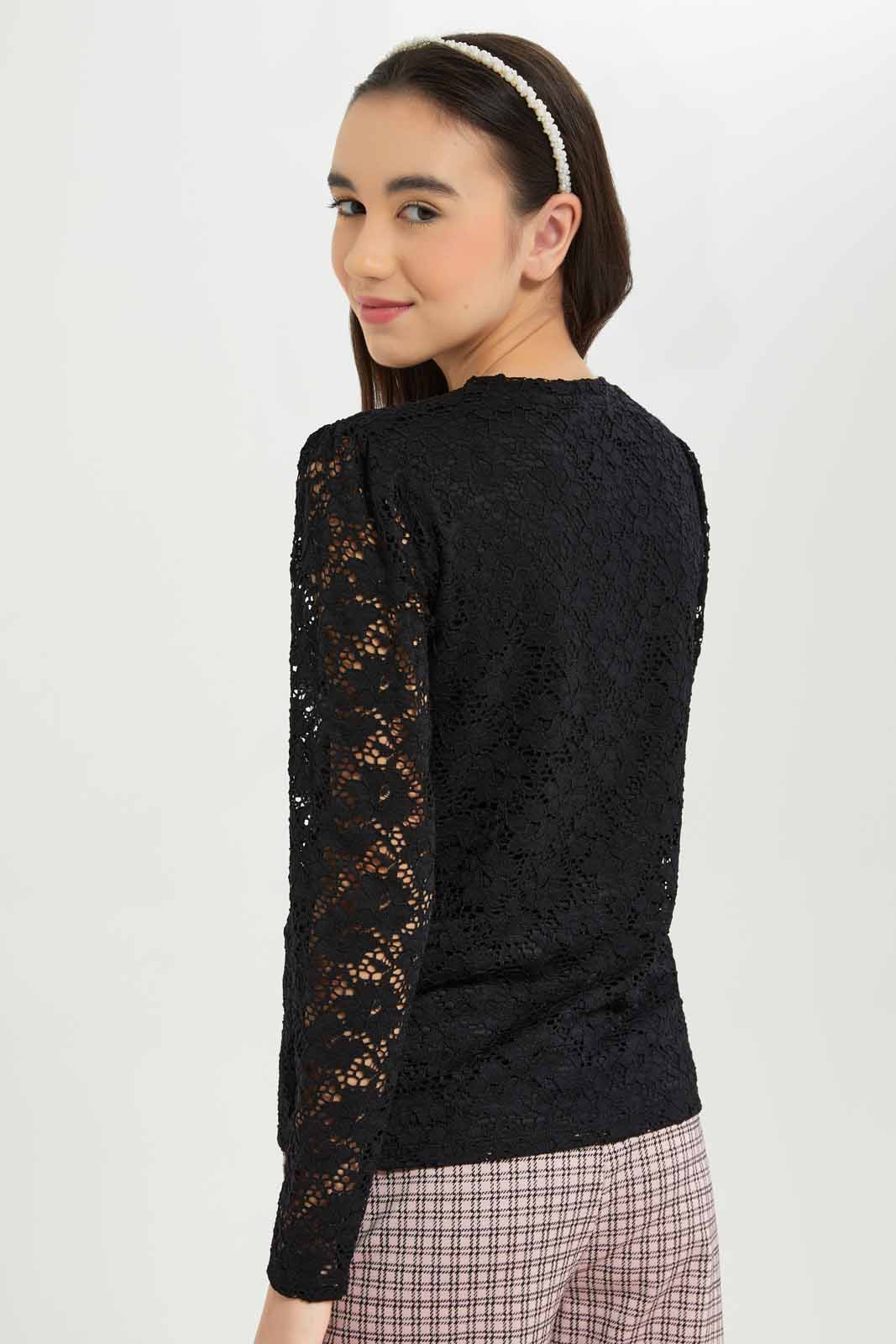 Redtag-Girls-Black-Lace-Top-Category:T-Shirts,-Colour:Black,-Deals:New-In,-Dept:Girls,-Filter:Senior-Girls-(8-to-14-Yrs),-GSR-T-Shirts,-New-In-GSR-APL,-Non-Sale,-S23A,-Section:Girls-(0-to-14Yrs)-Senior-Girls-