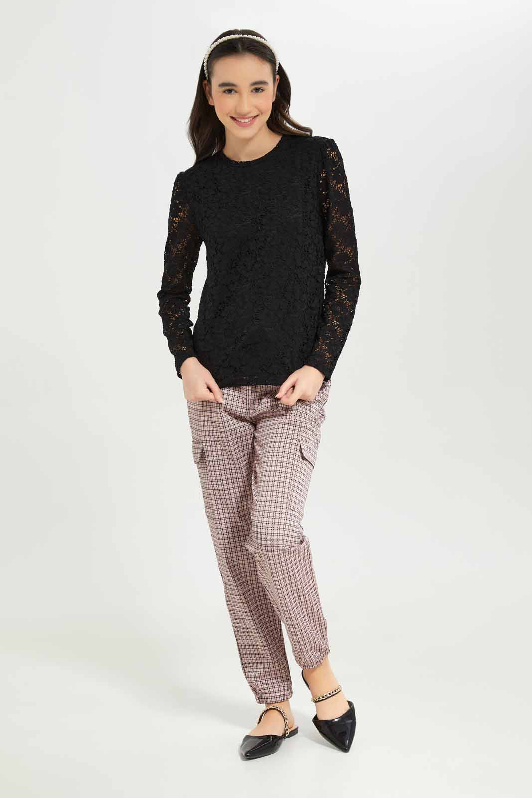 Redtag-Girls-Black-Lace-Top-Category:T-Shirts,-Colour:Black,-Deals:New-In,-Dept:Girls,-Filter:Senior-Girls-(8-to-14-Yrs),-GSR-T-Shirts,-New-In-GSR-APL,-Non-Sale,-S23A,-Section:Girls-(0-to-14Yrs)-Senior-Girls-