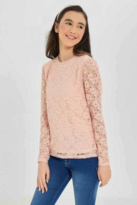 Redtag-Girls-Pink-Lace-Top-Category:T-Shirts,-Colour:Apricot,-Deals:New-In,-Dept:Girls,-Filter:Senior-Girls-(8-to-14-Yrs),-GSR-T-Shirts,-New-In-GSR-APL,-Non-Sale,-S23A,-Section:Girls-(0-to-14Yrs)-Senior-Girls-9 to 14 Years