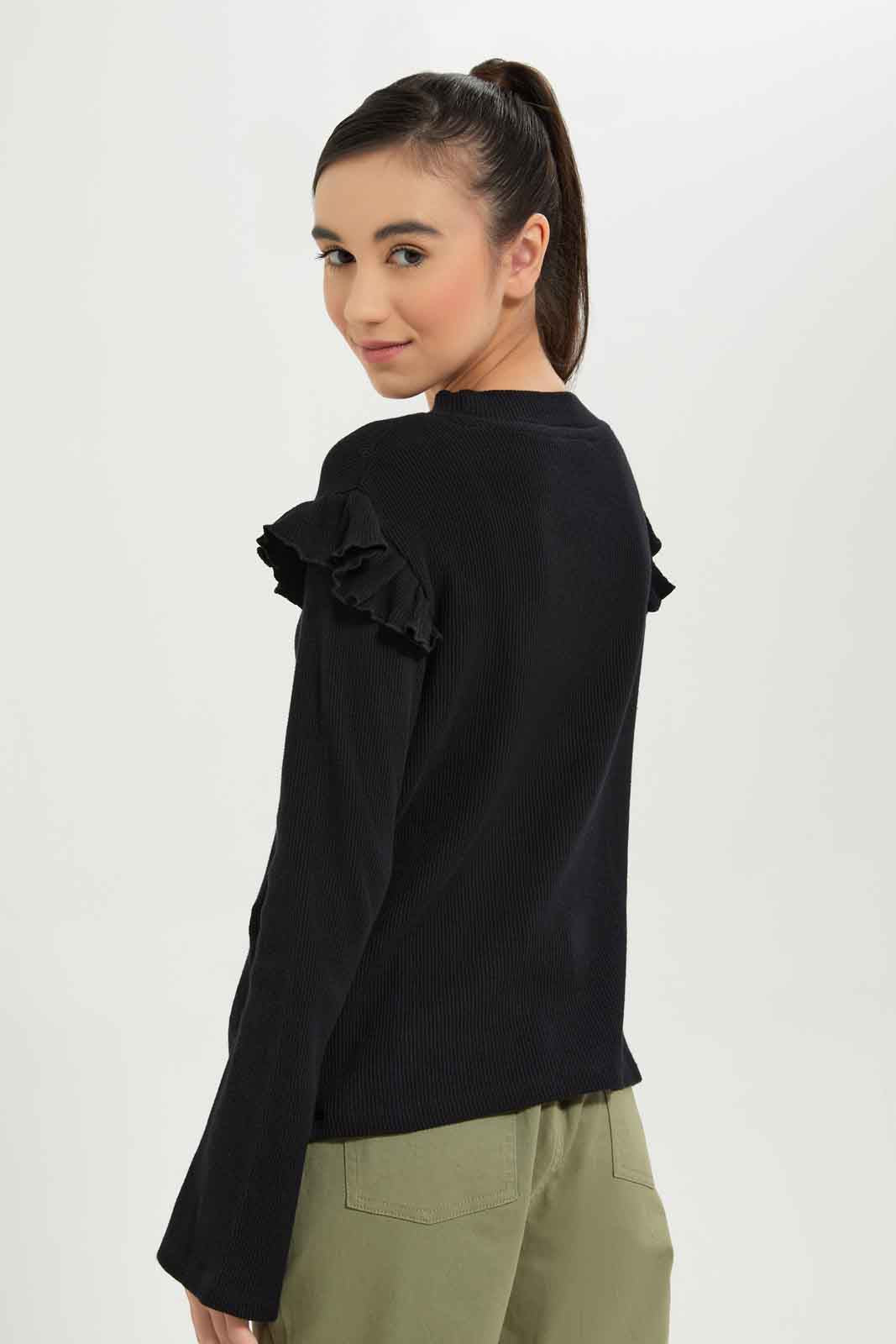 Redtag-Girls-Black-Highneck-Ruffled-Sleeve-Waffle-Top-Category:T-Shirts,-Colour:Black,-Deals:New-In,-Dept:Girls,-Filter:Senior-Girls-(8-to-14-Yrs),-GSR-T-Shirts,-New-In-GSR-APL,-Non-Sale,-S23A,-Section:Girls-(0-to-14Yrs)-Senior-Girls-9 to 14 Years