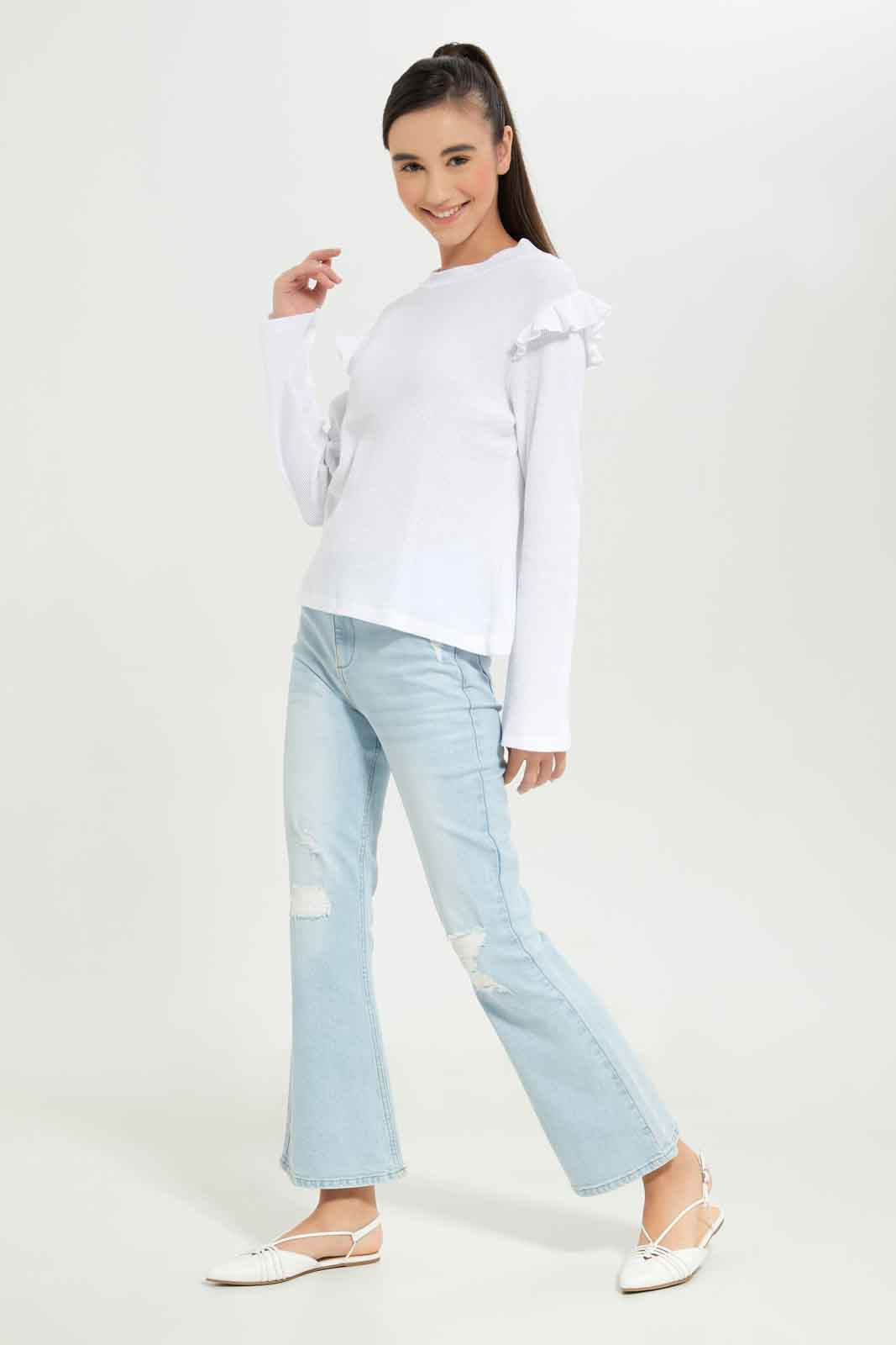 Redtag-Girls-White-Highneck-Ruffled-Sleeve-Waffle-Top-Category:T-Shirts,-Colour:White,-Deals:New-In,-Dept:Girls,-Filter:Senior-Girls-(8-to-14-Yrs),-GSR-T-Shirts,-New-In-GSR-APL,-Non-Sale,-S23A,-Section:Girls-(0-to-14Yrs)-Senior-Girls-9 to 14 Years