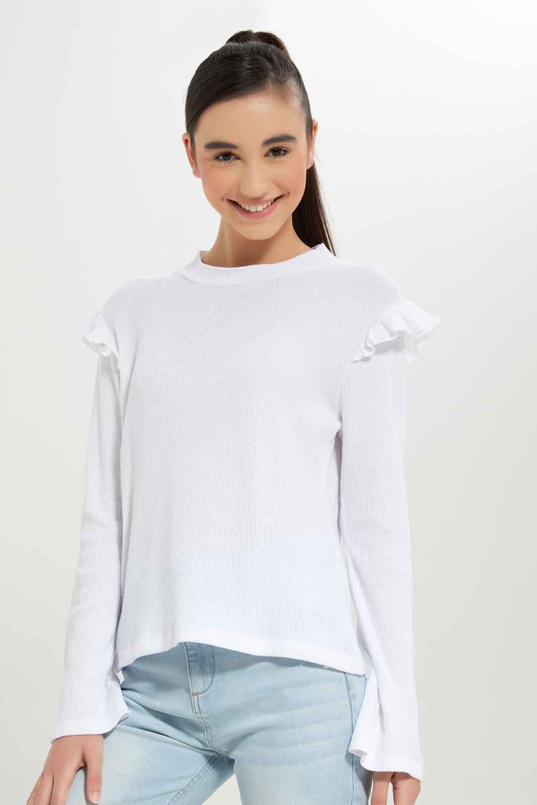 Redtag-Girls-White-Highneck-Ruffled-Sleeve-Waffle-Top-Category:T-Shirts,-Colour:White,-Deals:New-In,-Dept:Girls,-Filter:Senior-Girls-(8-to-14-Yrs),-GSR-T-Shirts,-New-In-GSR-APL,-Non-Sale,-S23A,-Section:Girls-(0-to-14Yrs)-Senior-Girls-9 to 14 Years